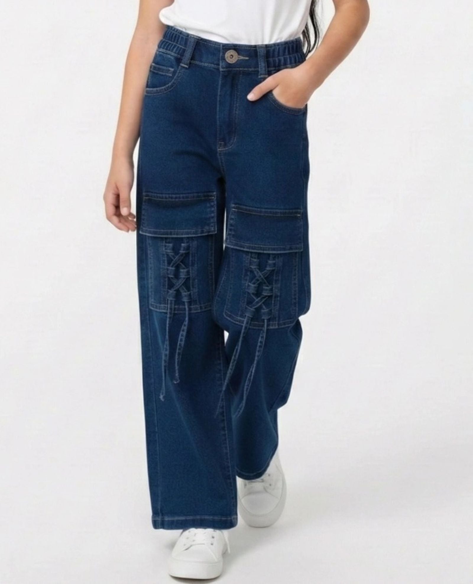 Cotton Denim Straight Fit Cargo Style Stretchable Jeans - Blue