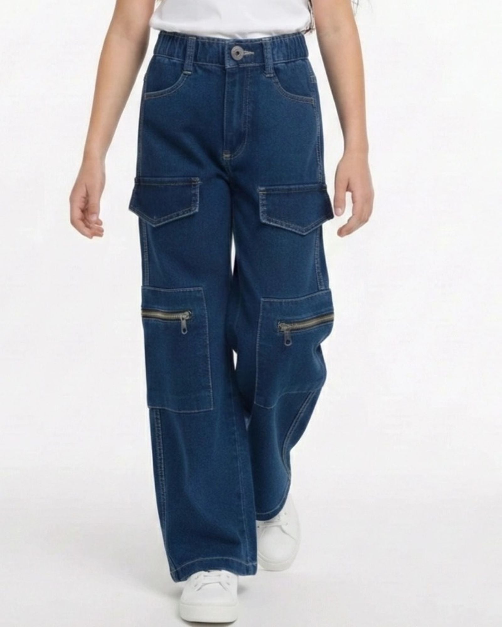Cotton Denim Relaxed Fit Cargo Style Stretchable Jeans - Blue