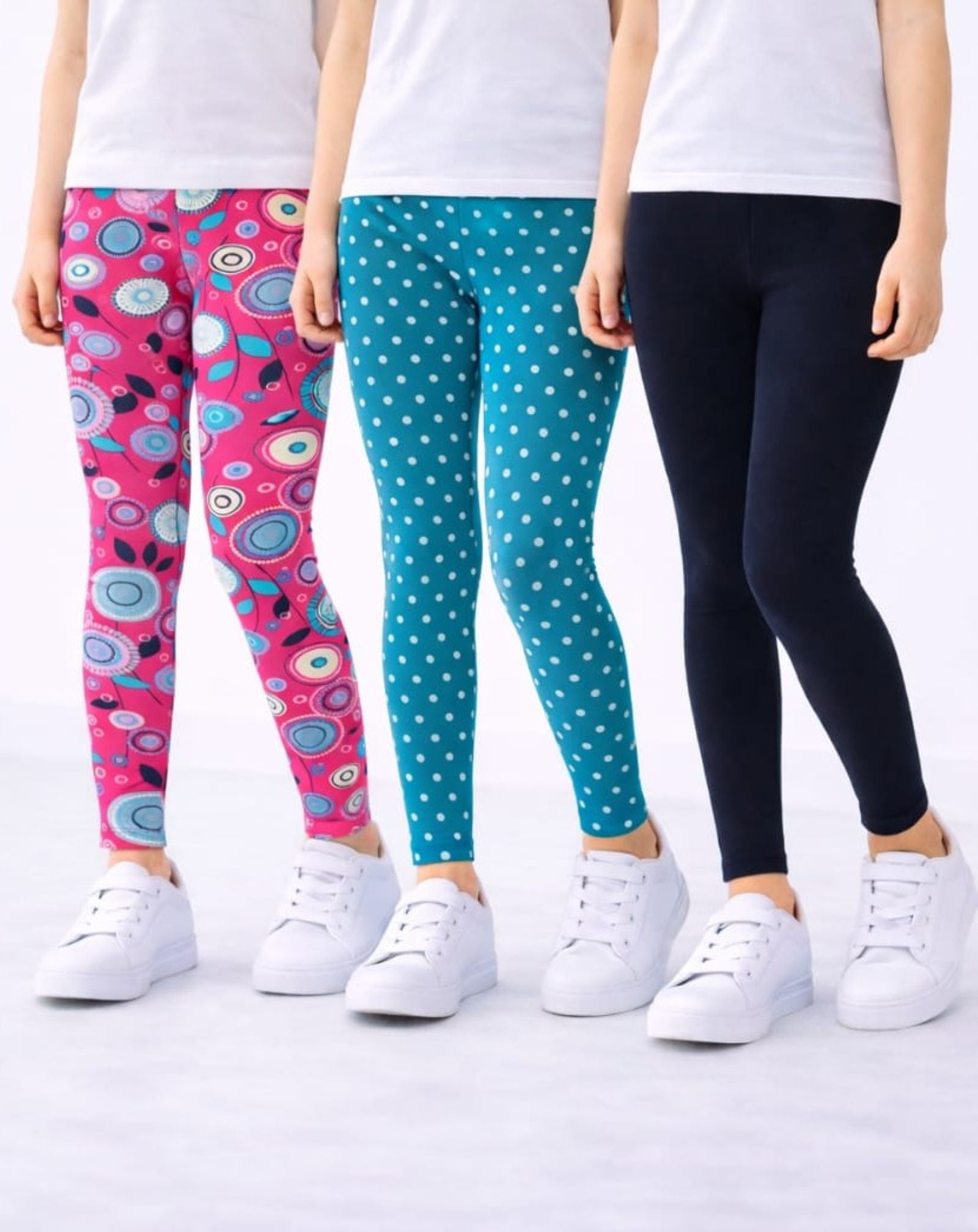 Cotton Lycra Knit Full Length Leggings Pack of 3 - Pink,Teal,Black