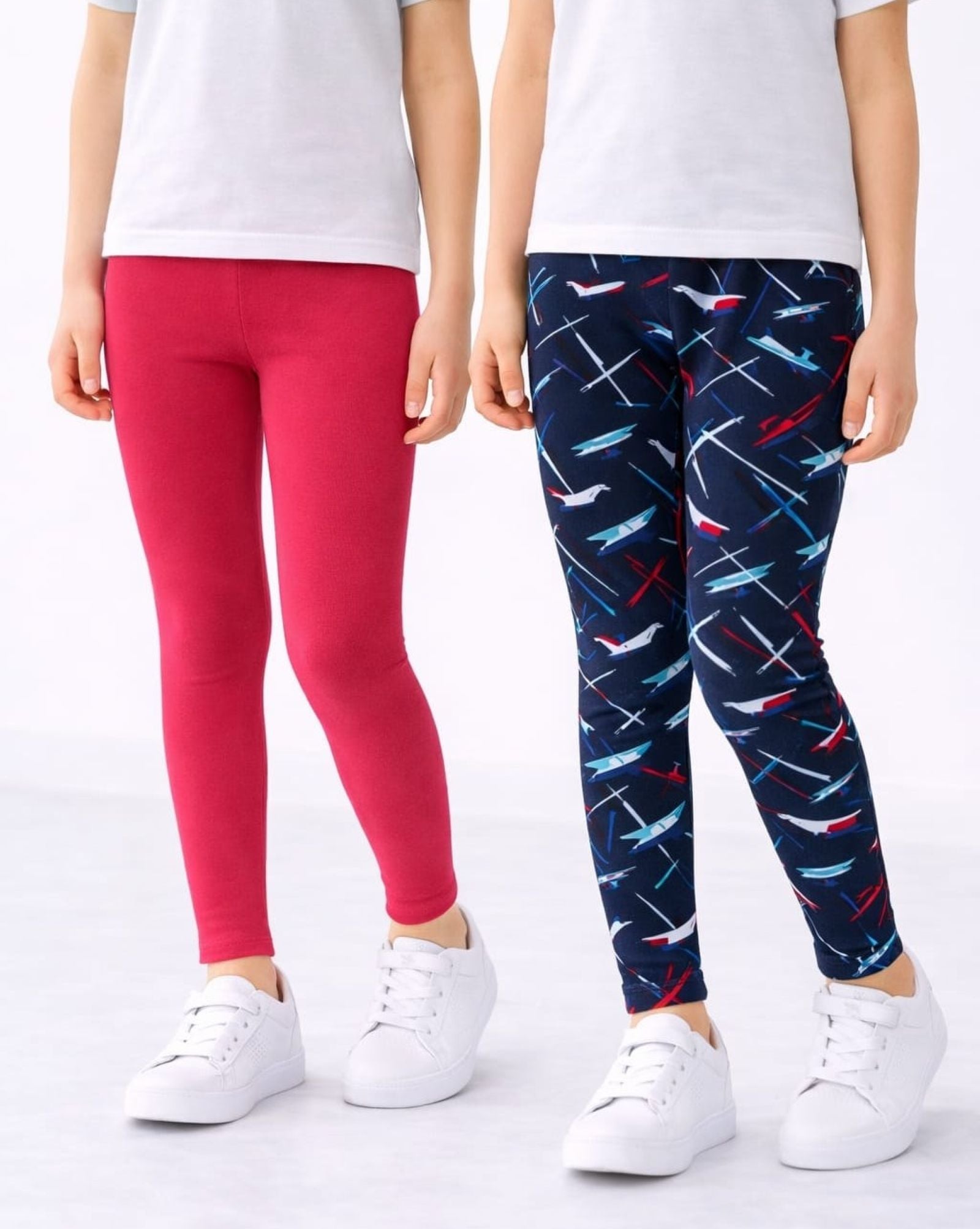 Cotton Lycra Knit Full Length Leggings Pack of 2 - Red,Navy