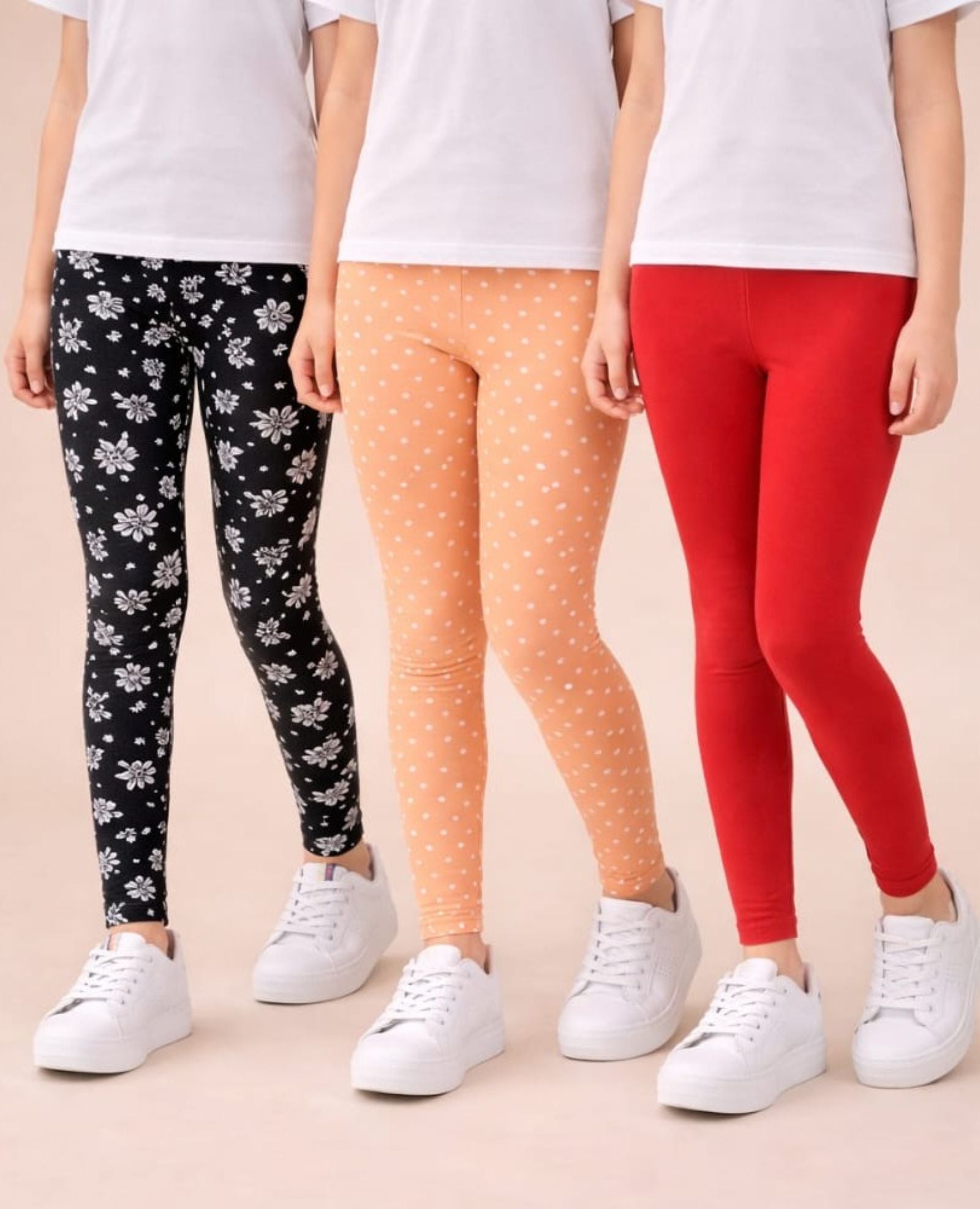Cotton Lycra Knit Full Length Leggings Pack of 3 - Black,Peach,Red