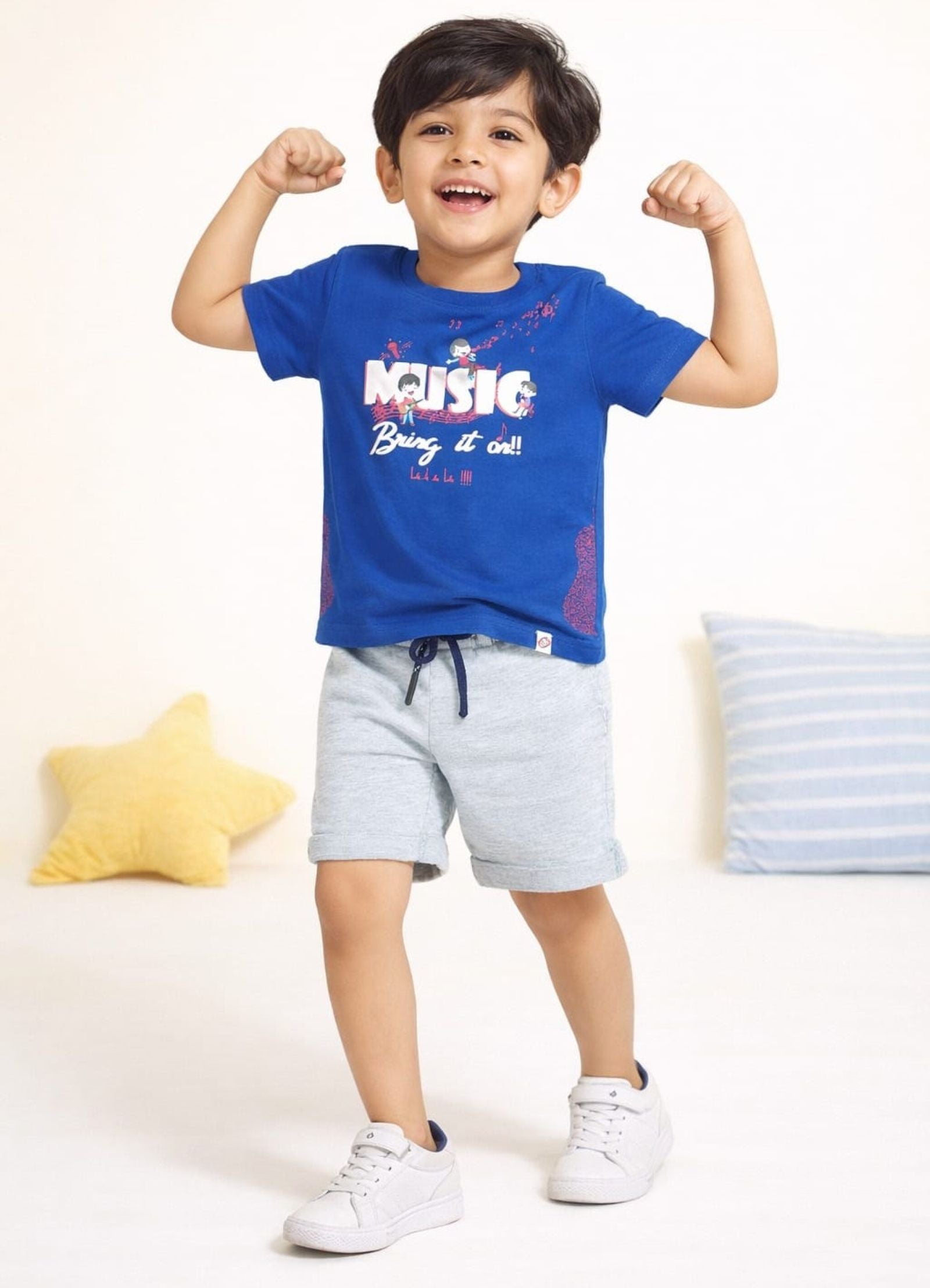 Cotton Lycra Knit Half Sleeves Printed Tee & Shorts Set - Navy Blue & Grey