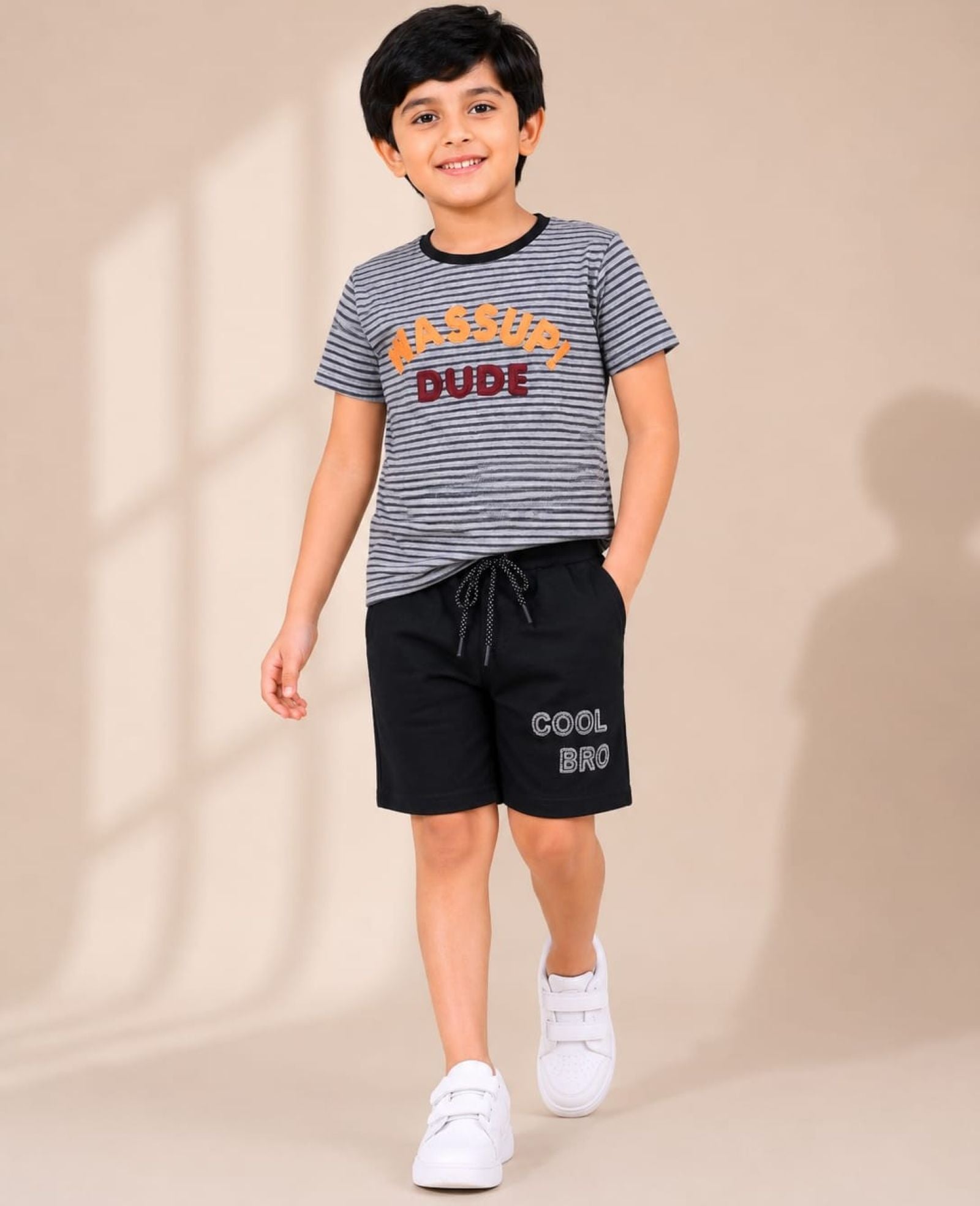 Cotton Knit Lycra Half Sleeves Embroidered Tee and Shorts Set - Grey & Black