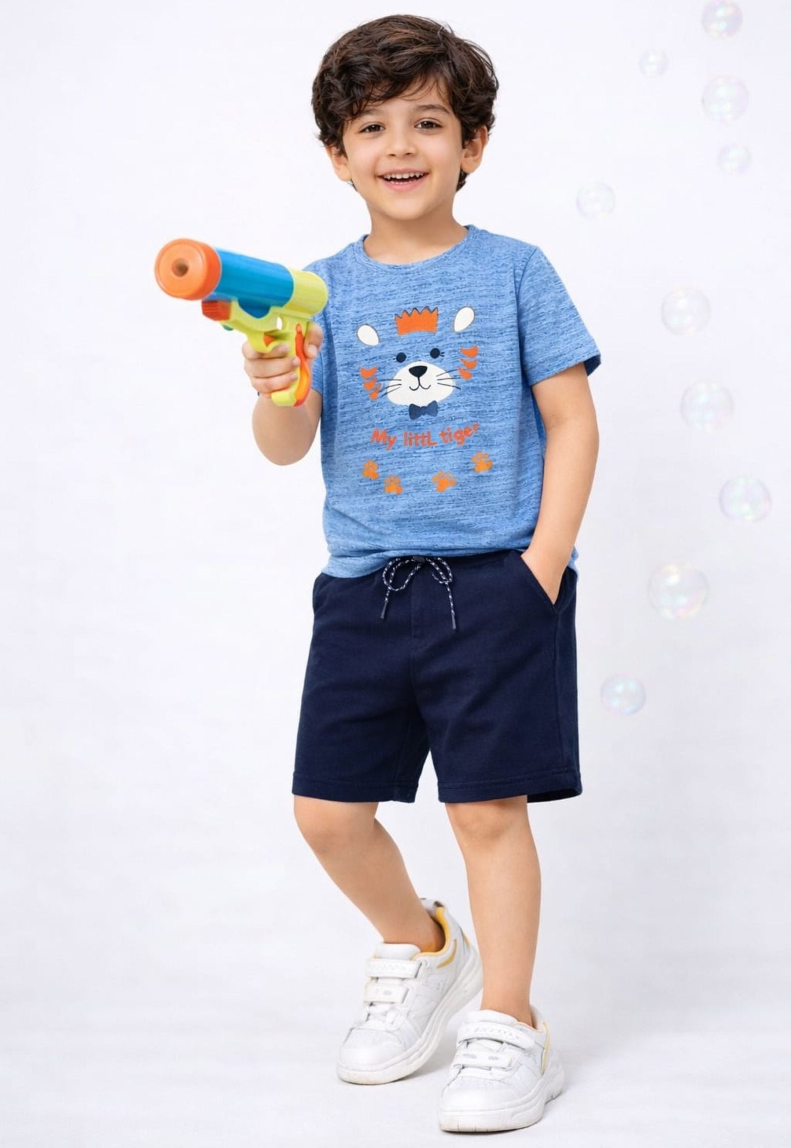 Cotton Lycra Knit Half Sleeves Printed Tee & Shorts Set - Blue & Navy Blue