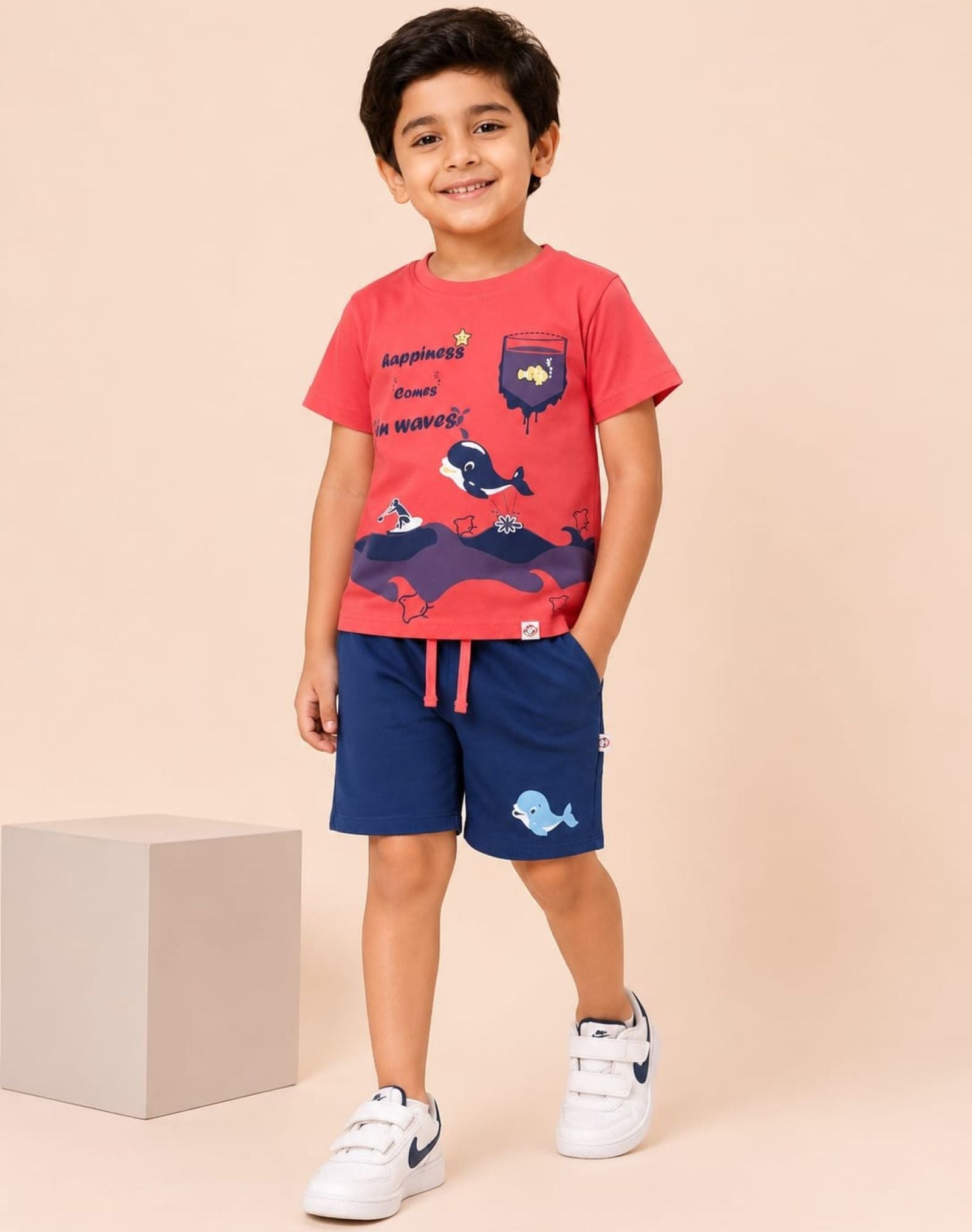 Cotton Knit Lycra Half Sleeves Printed Tee and Shorts Set - Peach & Navy