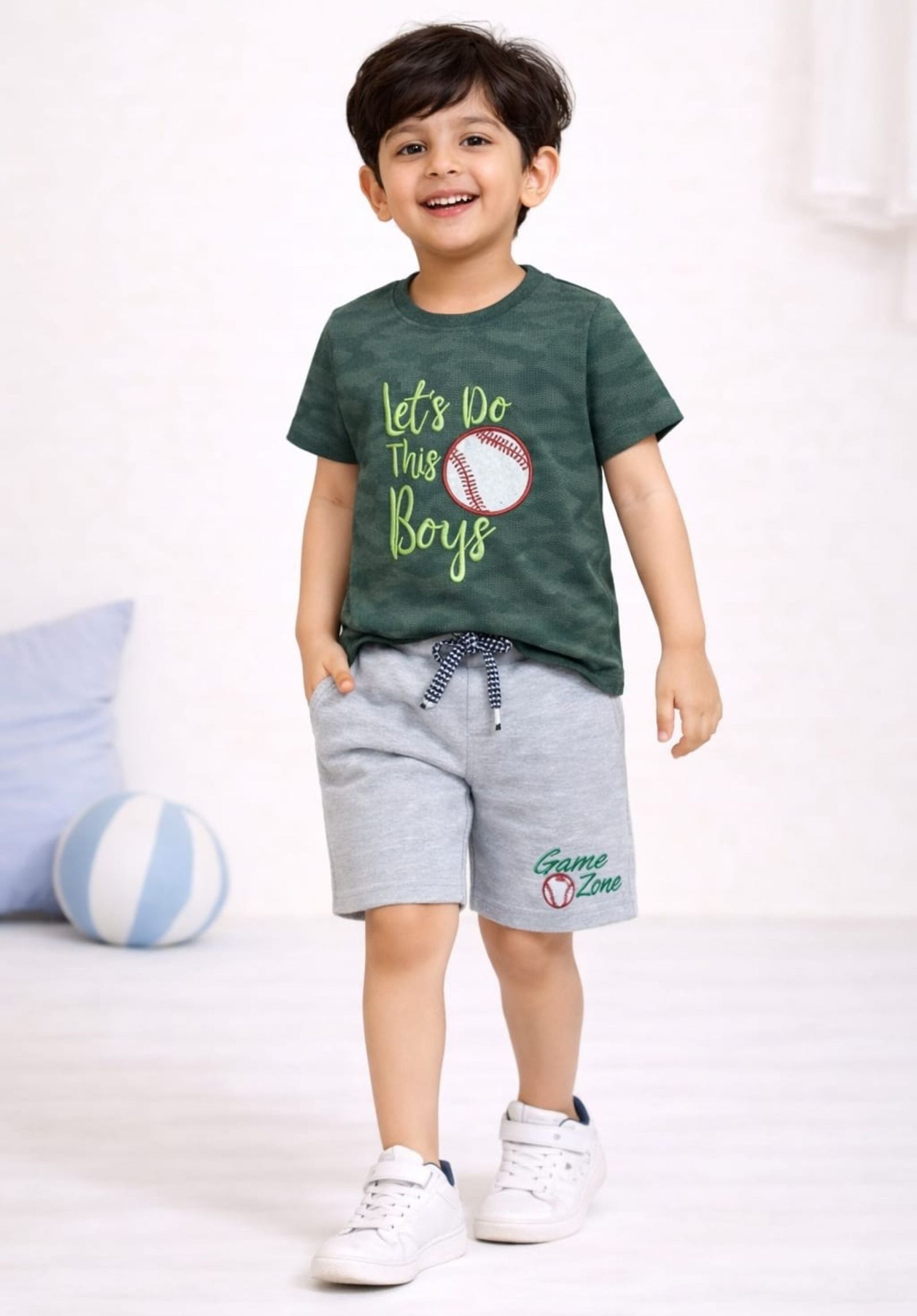 Cotton Lycra Knit Half Sleeves Embroidered Tee & Shorts Set - Green & Grey