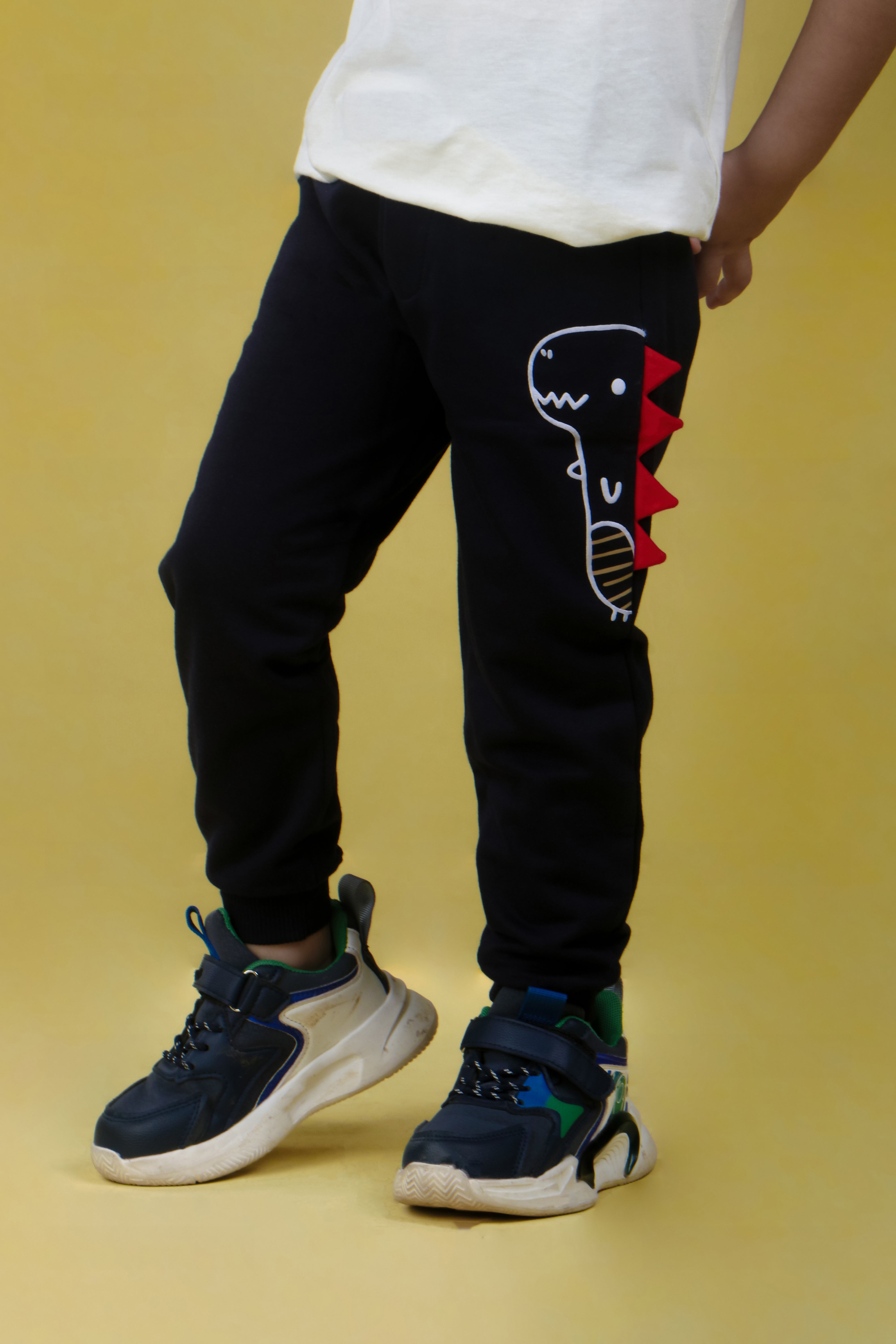 Cotton Loopknit Dino Printed Joggers With Rib And Drawstring - Navy