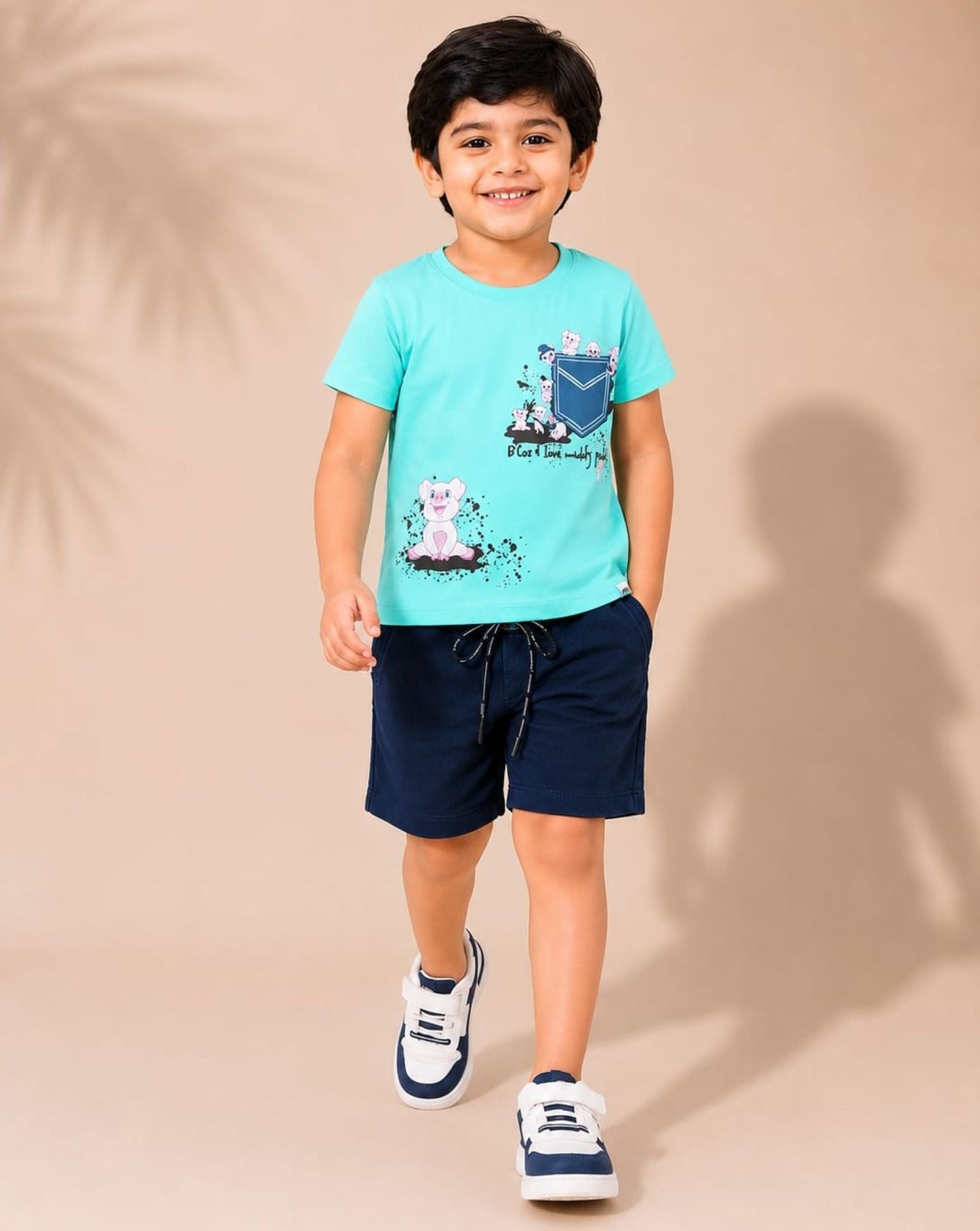 Cotton Knit Lycra Half Sleeves Printed Tee and Shorts Set - Seagreen & Navy
