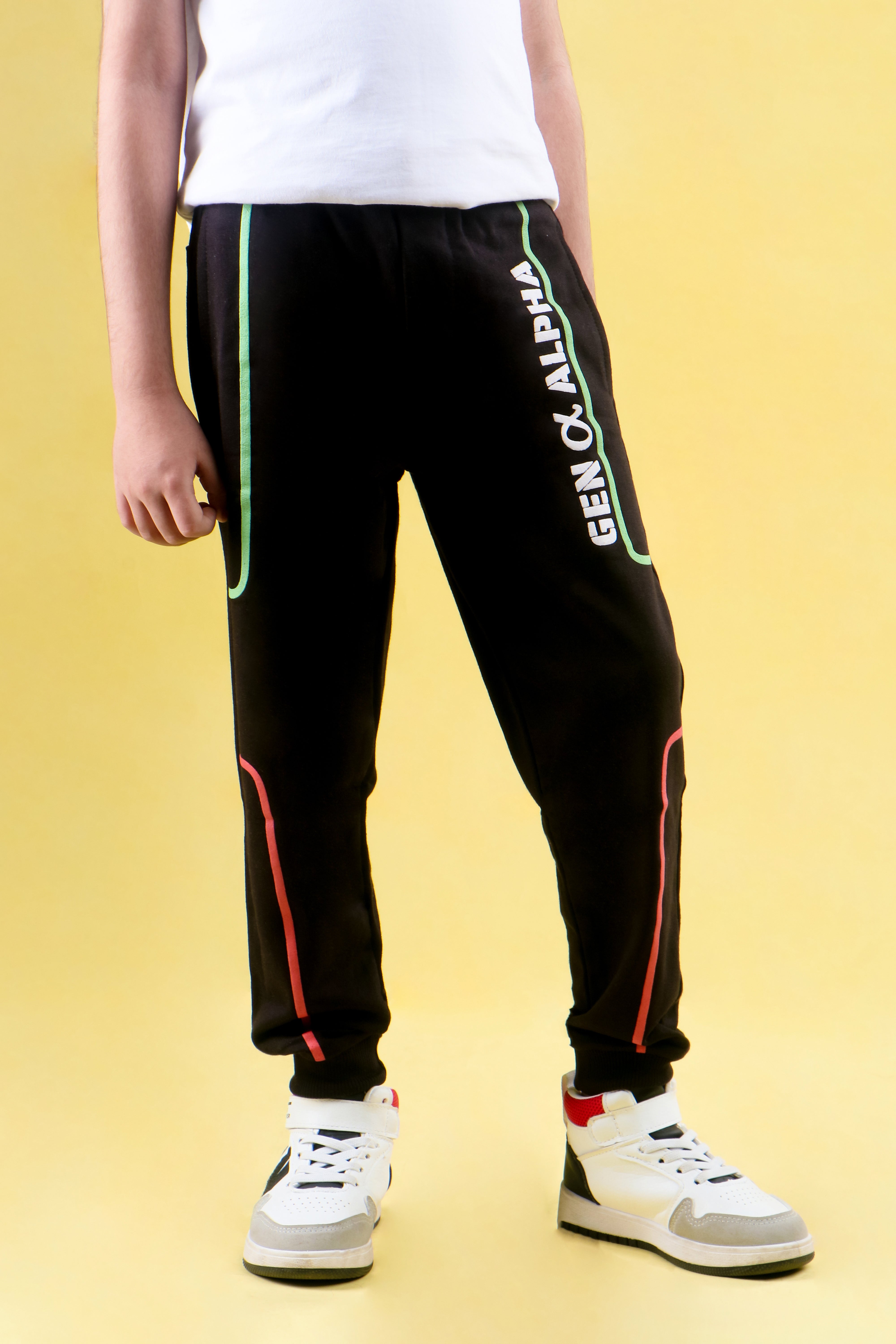 Cotton Loopknit Full Length Puff Lines Gen Alpha Printed Joggers - Black