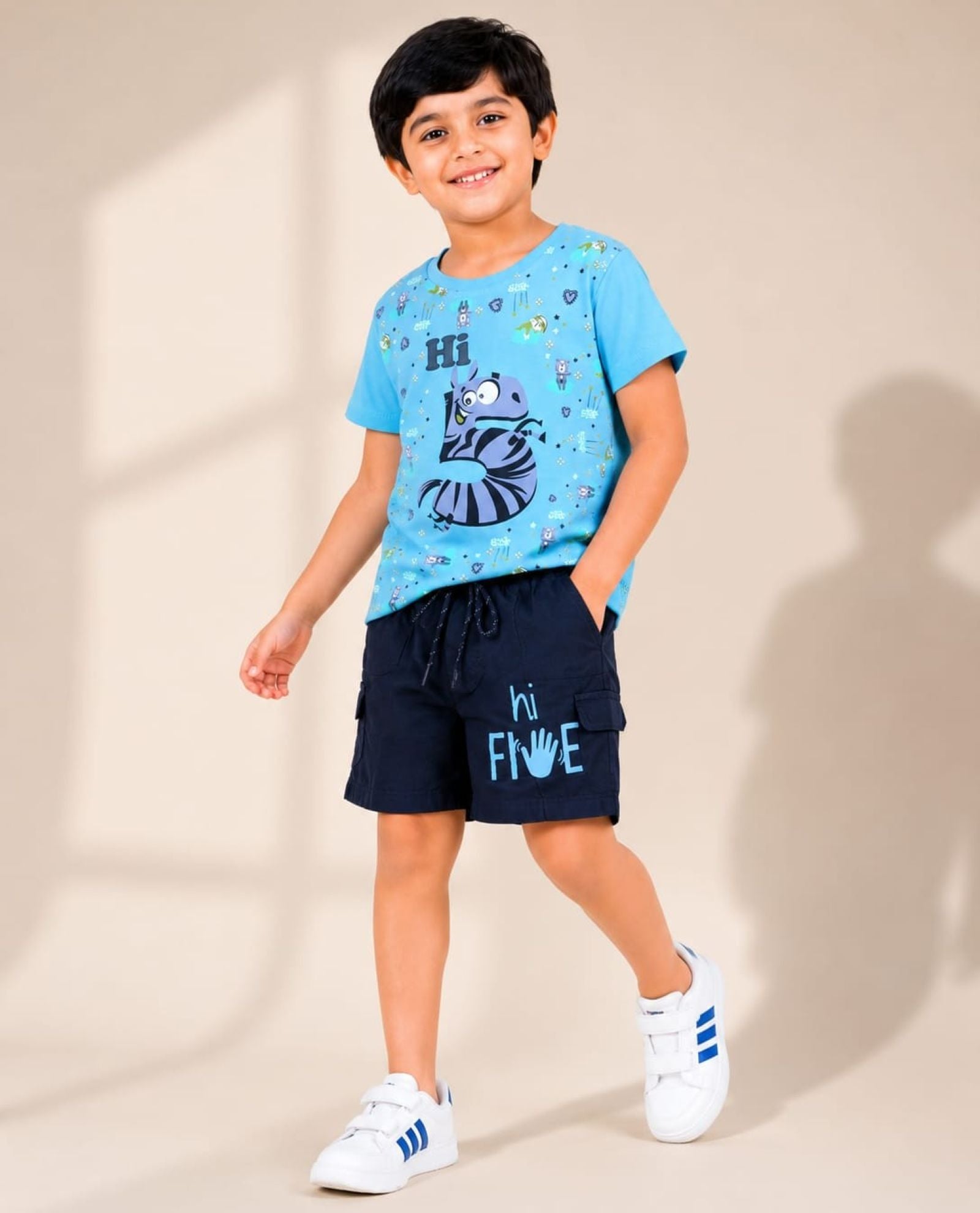 Cotton Knit Lycra Half Sleeves Printed Tee and Woven Cargo Shorts Set - Skyblue & Navy