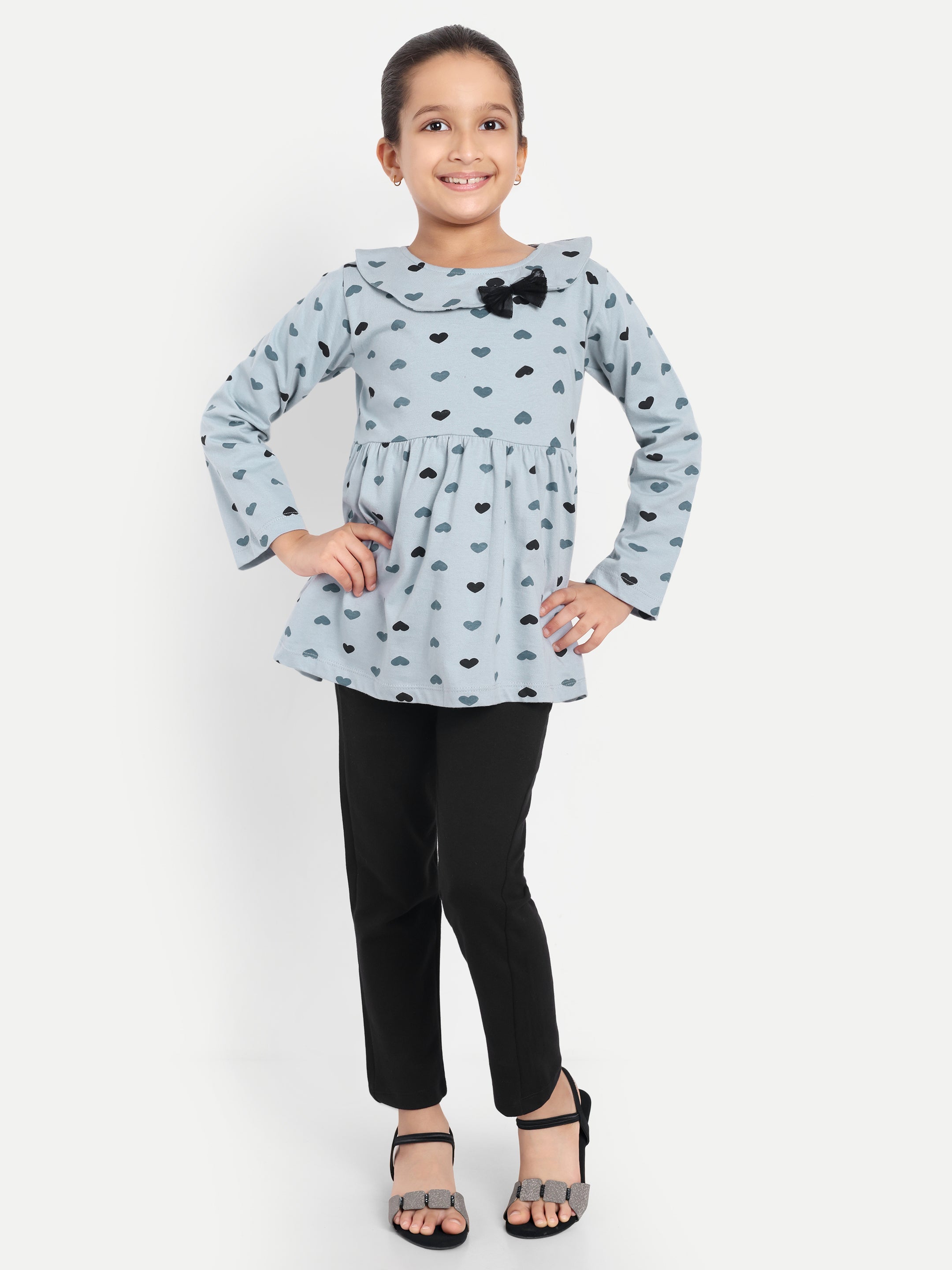 Cotton Knit Full Sleeves Heart Printed Top with Bow and Lounge Pant