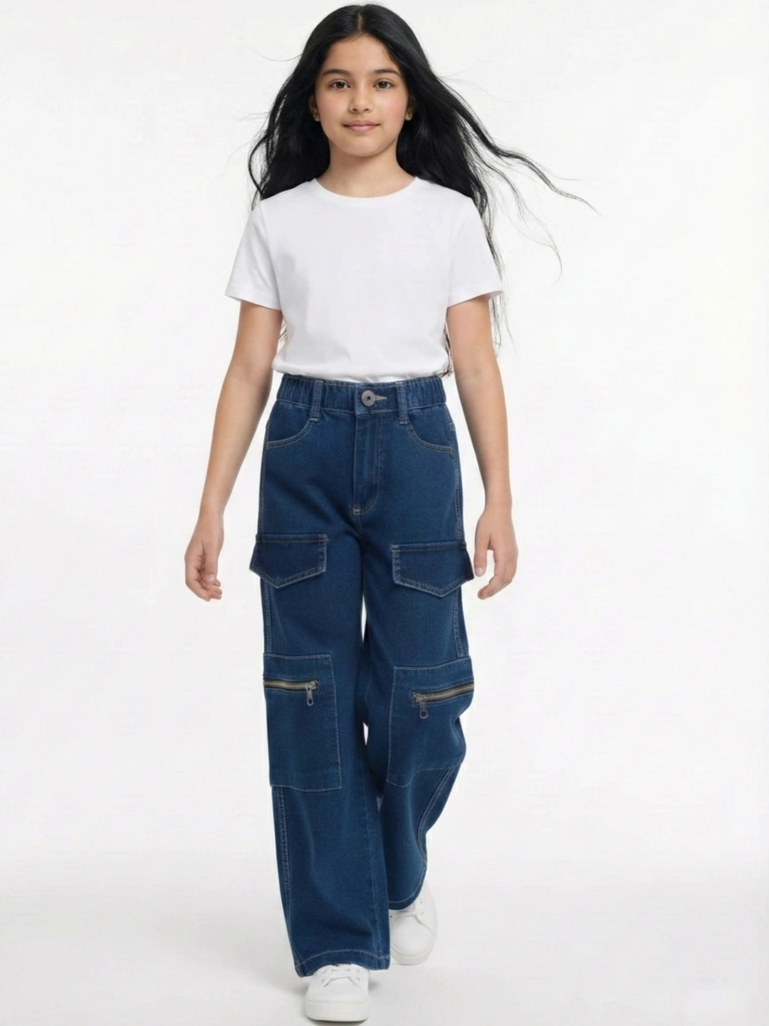 Cotton Denim Relaxed Fit Cargo Style Stretchable Jeans - Blue