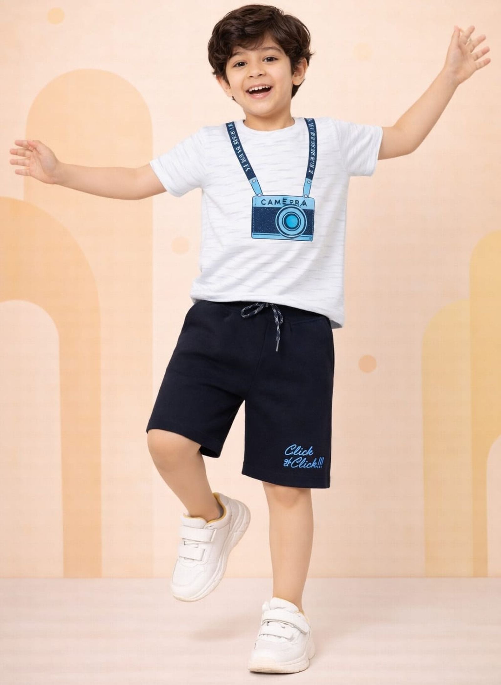 Cotton Lycra Knit Half Sleeves Camera Printed Tee & Shorts Set - Off White & Black