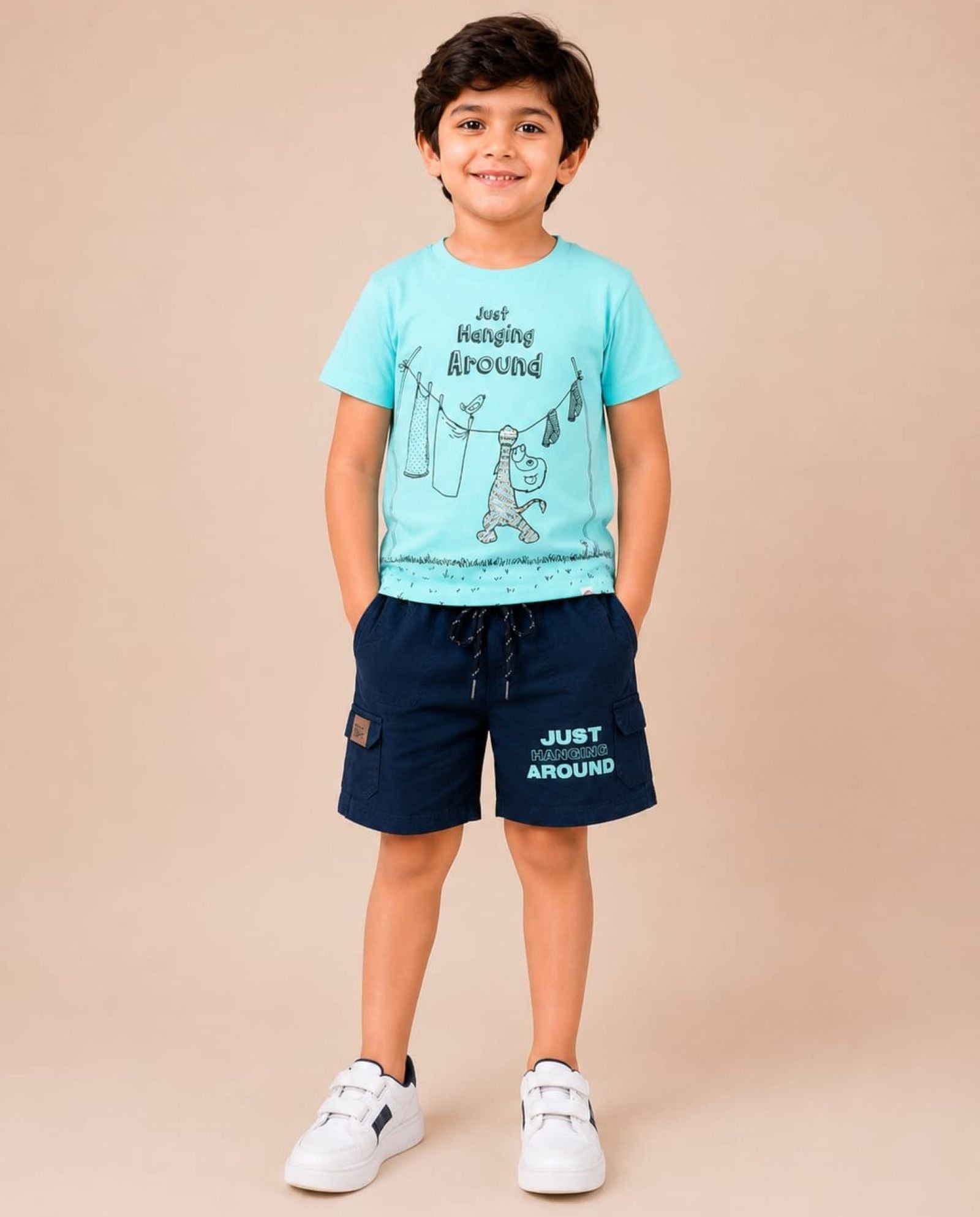 Cotton Knit Lycra Half Sleeves Printed Tee and Woven Cargo Shorts Set - Seagreen & Navy