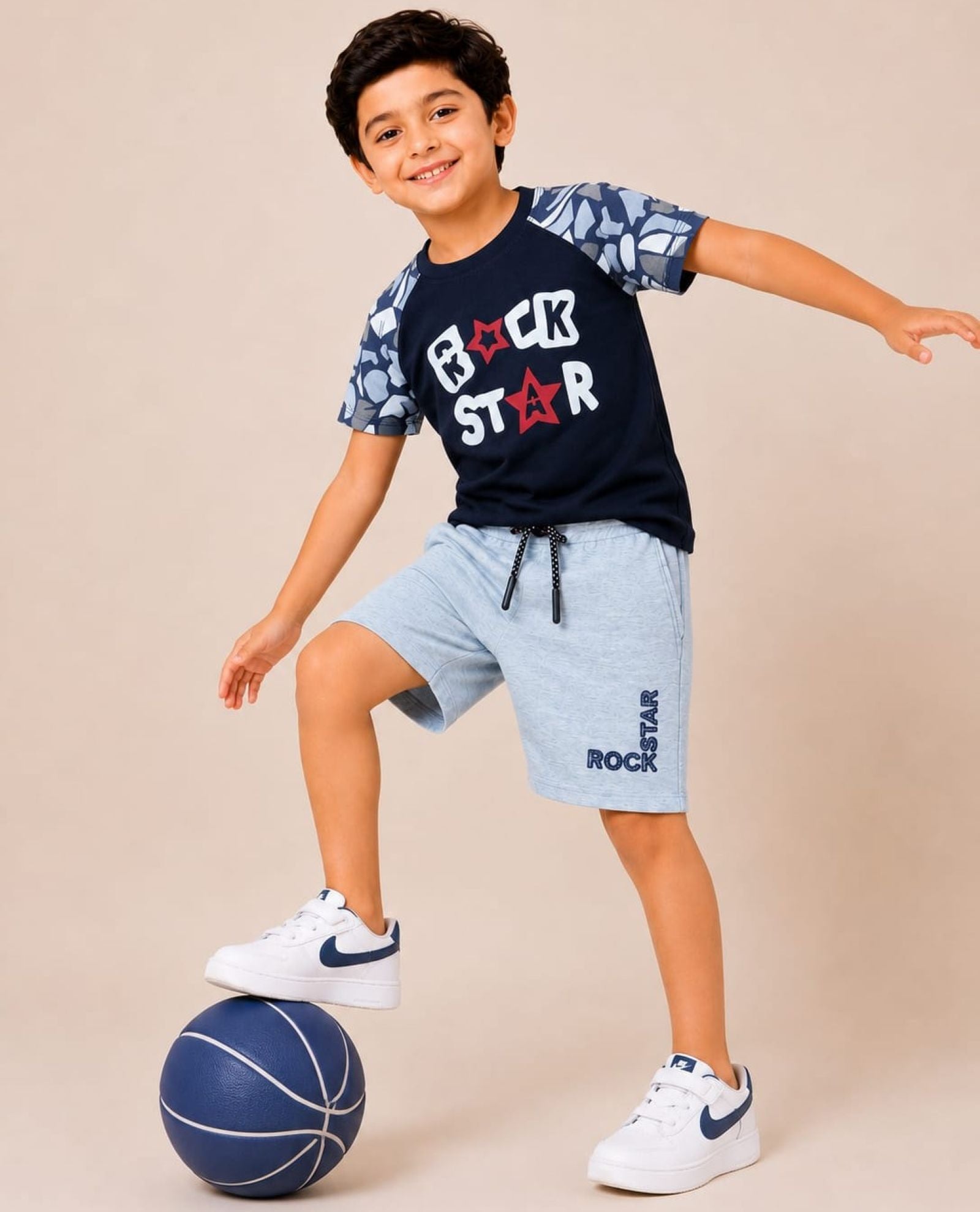 Cotton Knit Lycra Raglan Half Sleeves Printed Tee and Shorts Set - Multicolor & Grey