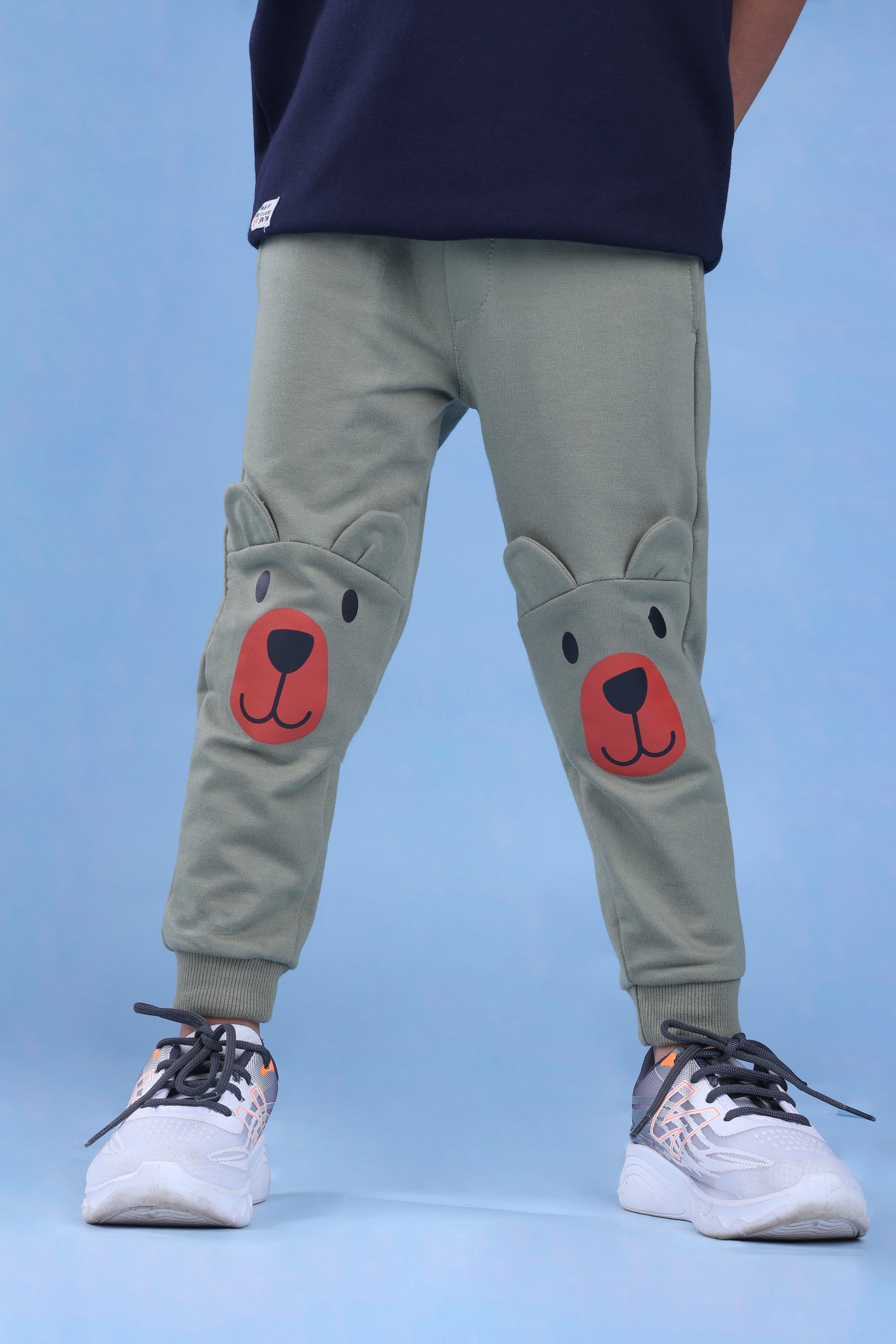 Cotton Loopknit Knee Bear Joggers With Rib And Drawstring - Green