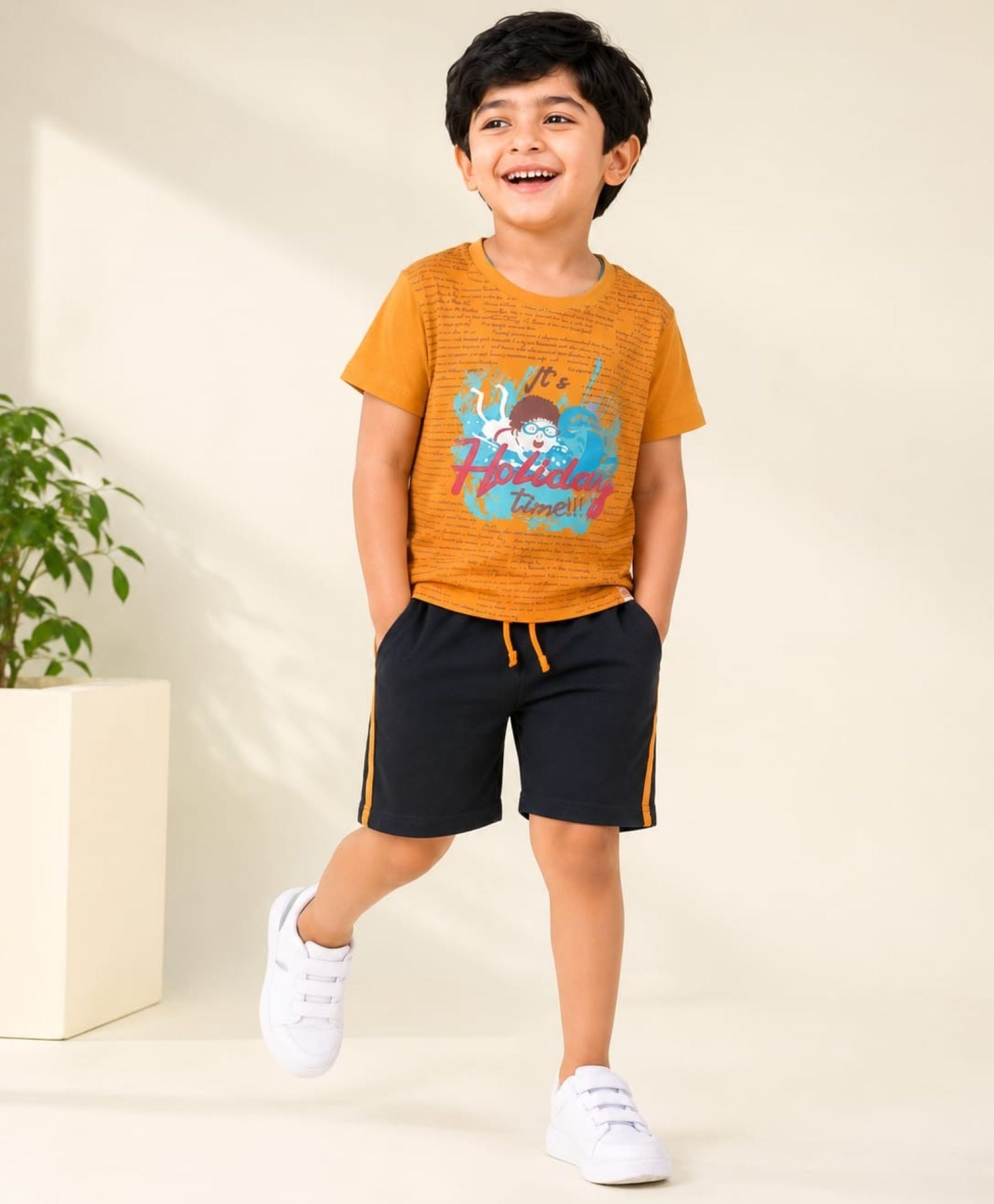 Cotton Knit Lycra Half Sleeves HD Printed Tee and Shorts Set - Orange & Black