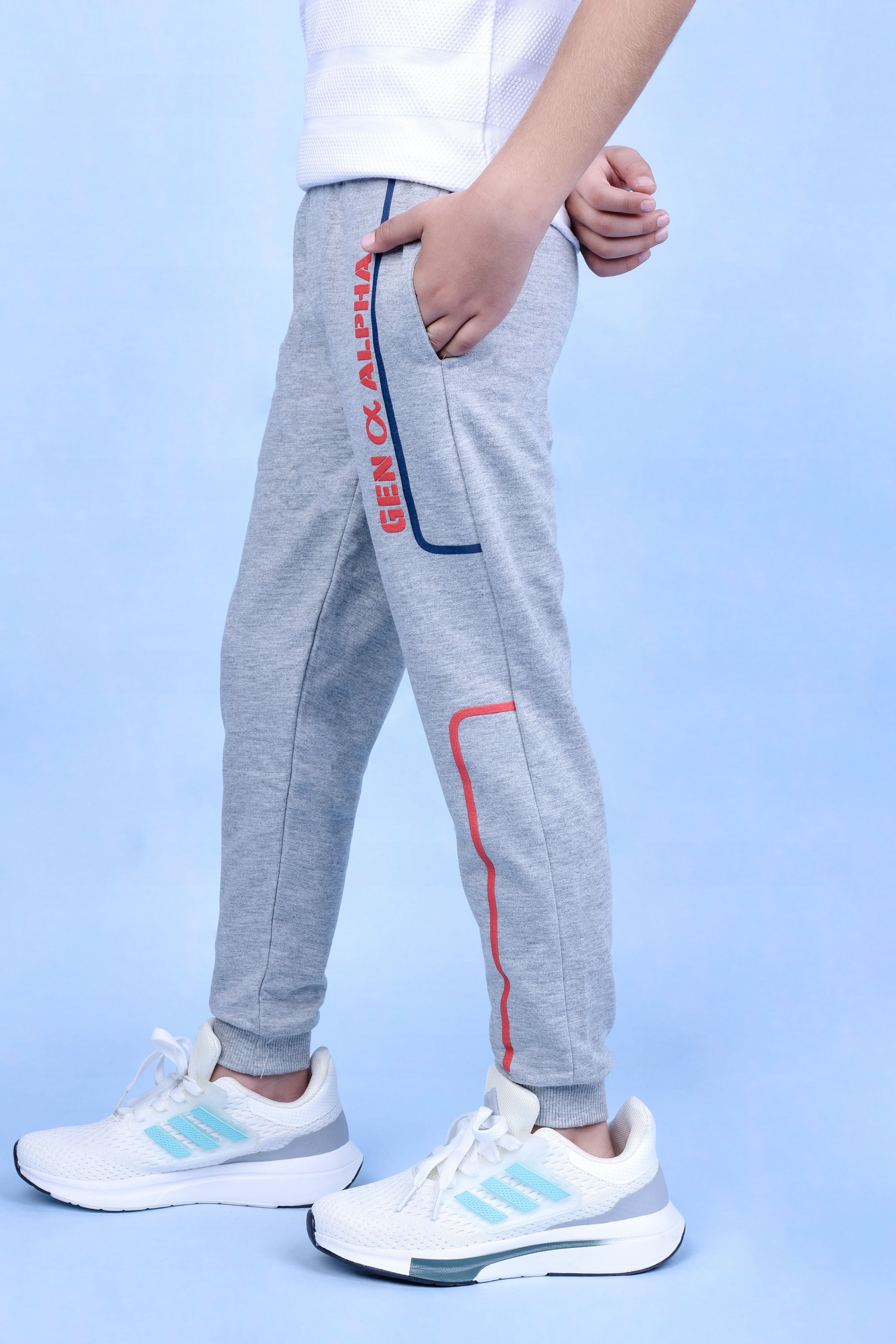 Cotton Loopknit Full Length Puff Lines Gen Alpha Printed Joggers - Grey