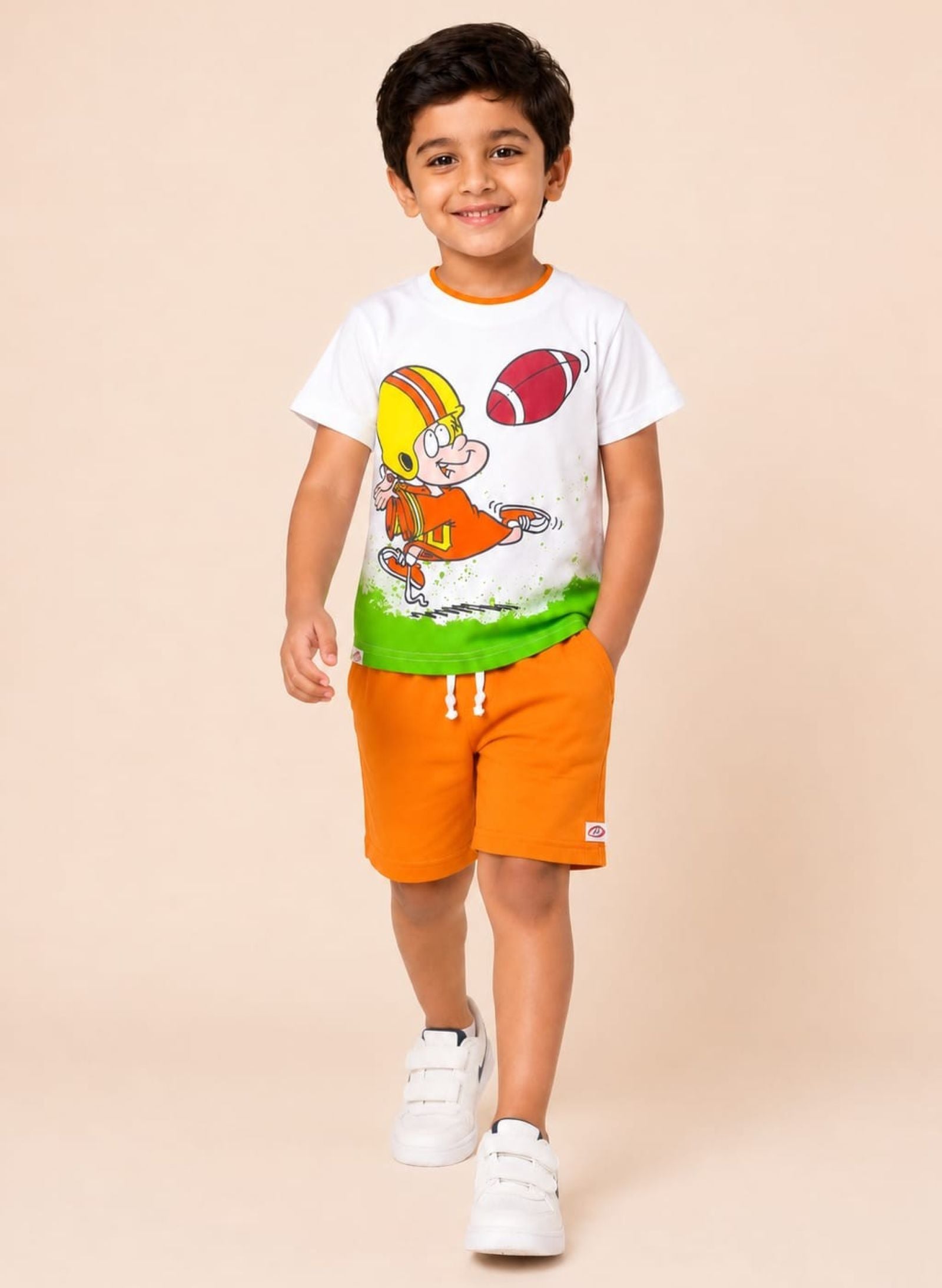 Cotton Knit Lycra Half Sleeves Printed Tee and Shorts Set - Offwhite & Orange