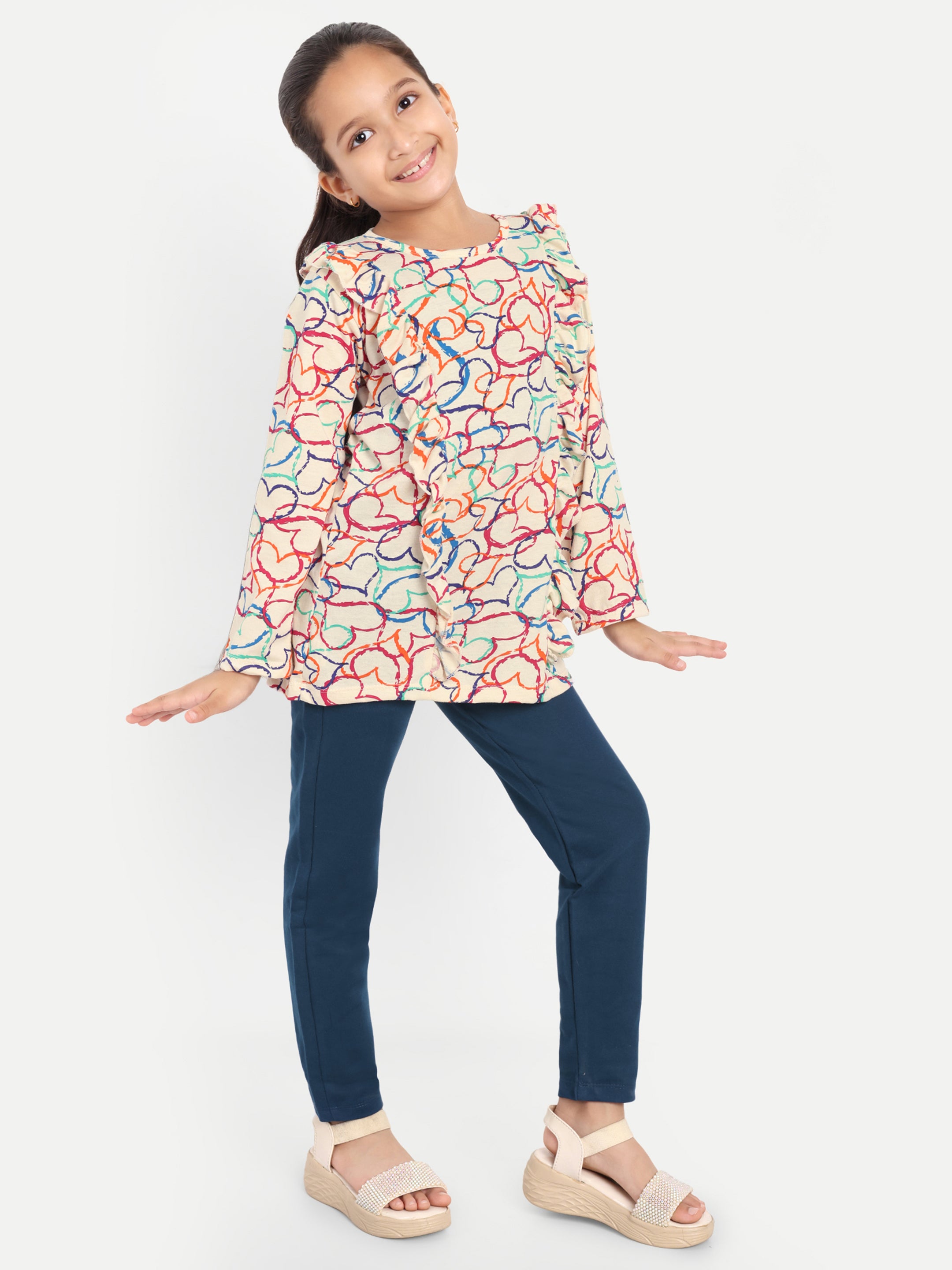 Cotton Knit Full Sleeves Multicolor Hearts Printed Top and Lounge Pant