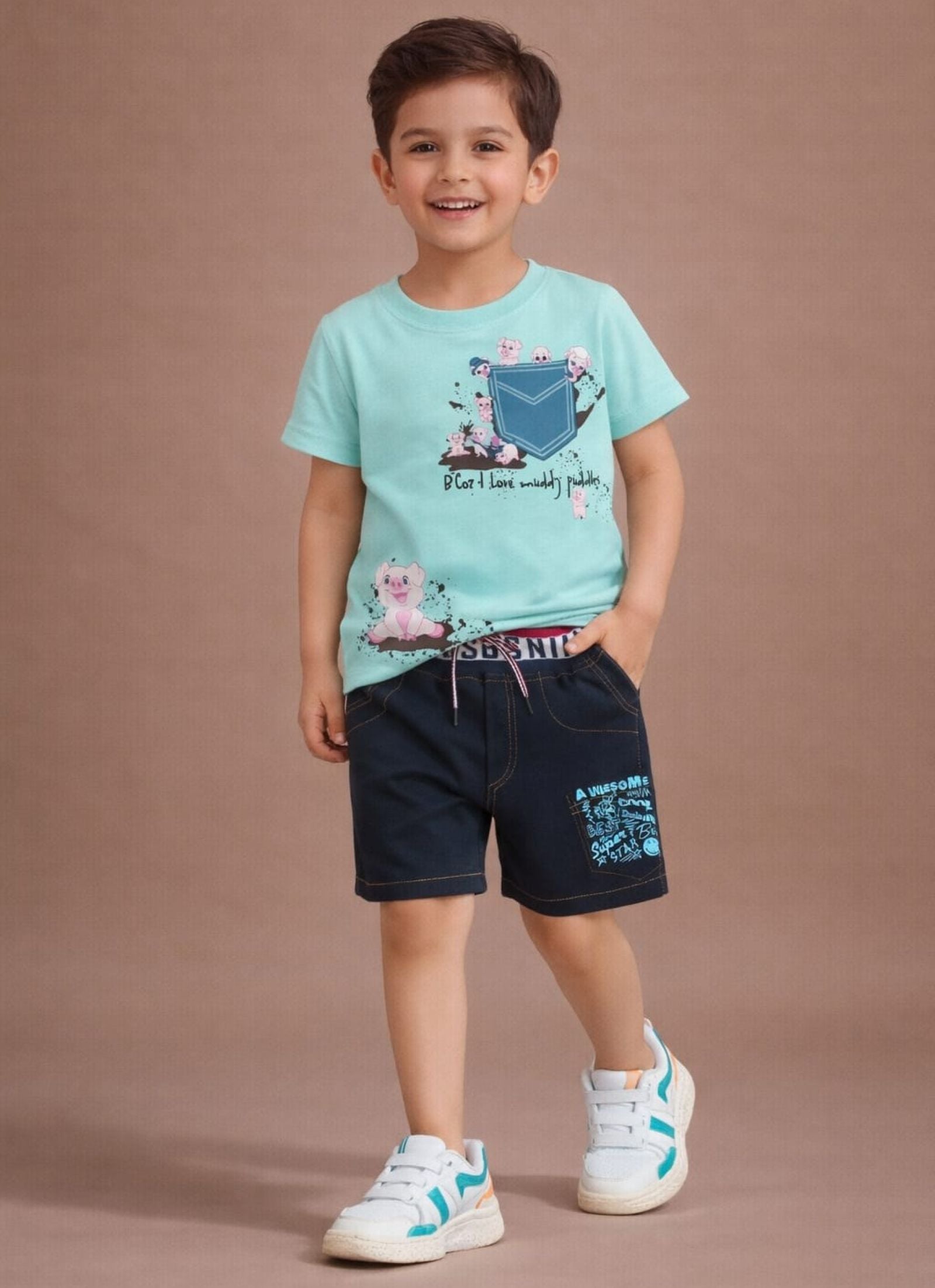 Cotton Lycra Knit Half Sleeves Printed Tee & Denim Shorts Set - Sky Blue & Navy Blue