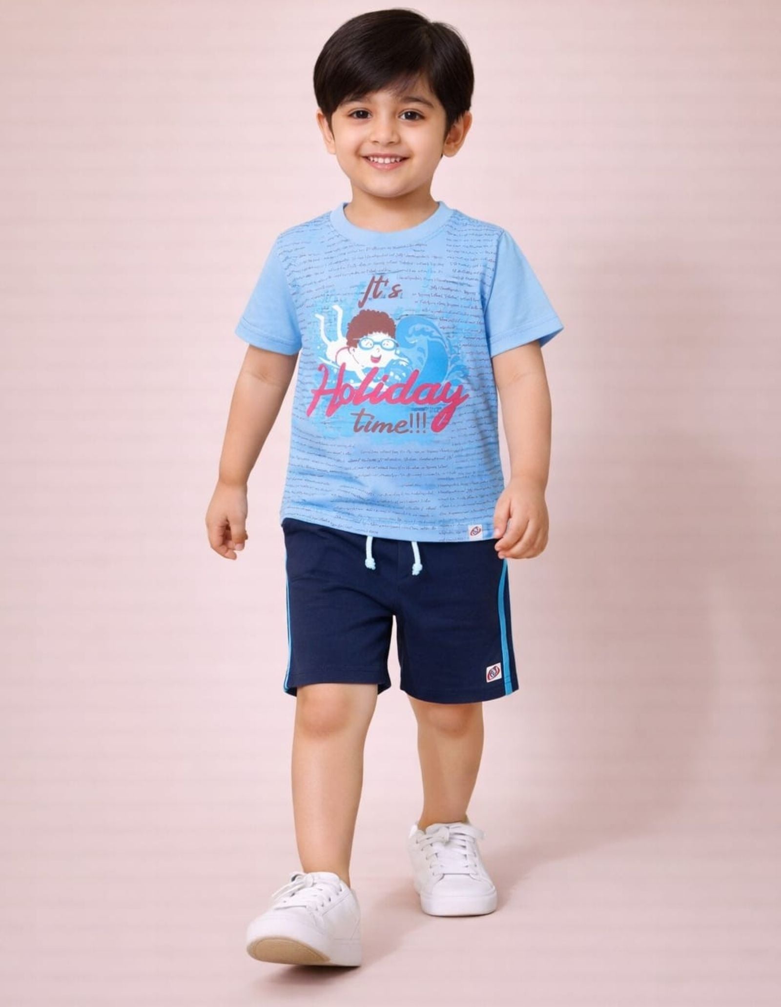 Cotton Lycra Knit Half Sleeves Printed Tee & Shorts Set - Sky Blue & Navy Blue