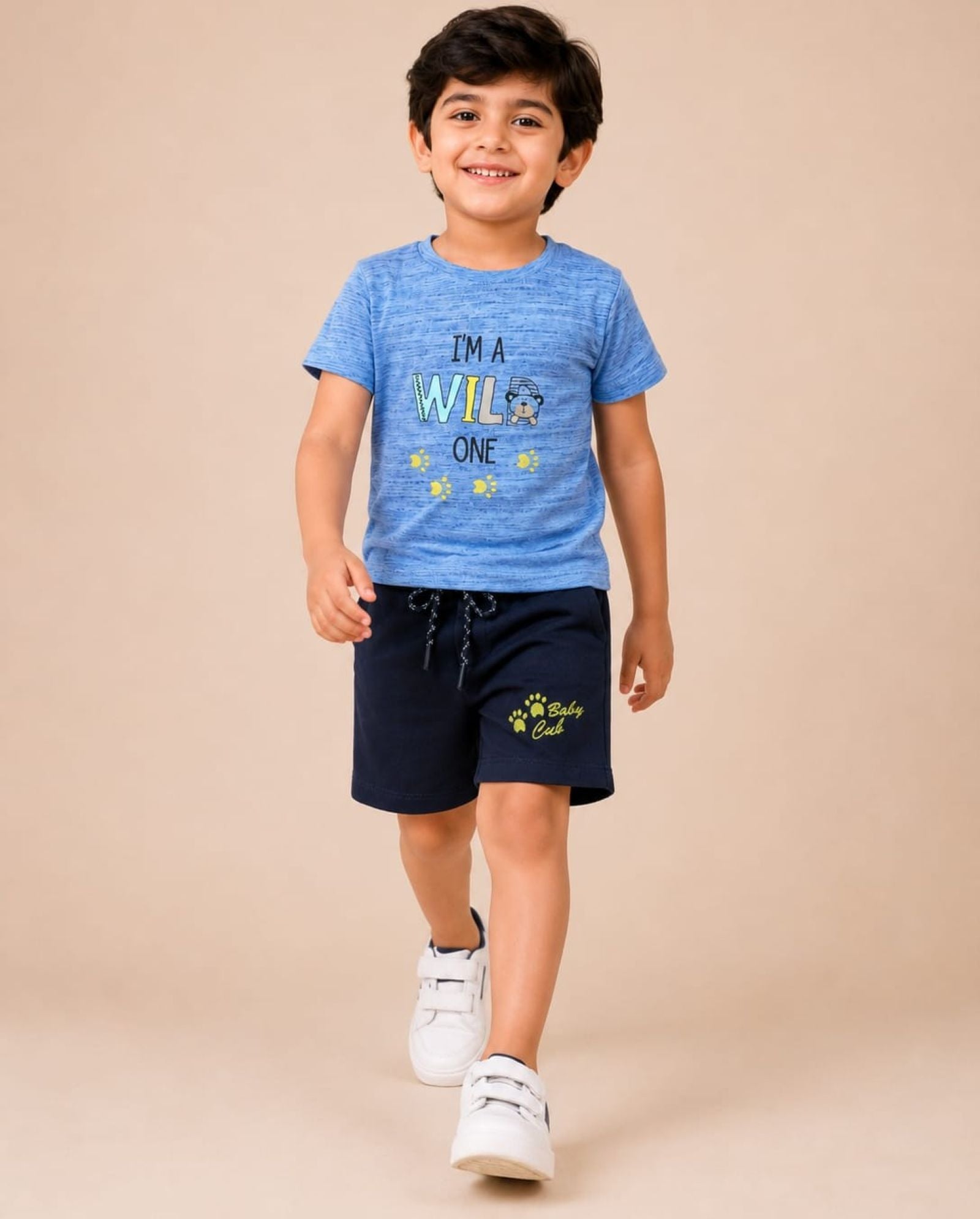 Cotton Knit Lycra Half Sleeves Wild One Printed Tee and Shorts Set - SkyBlue & Navy