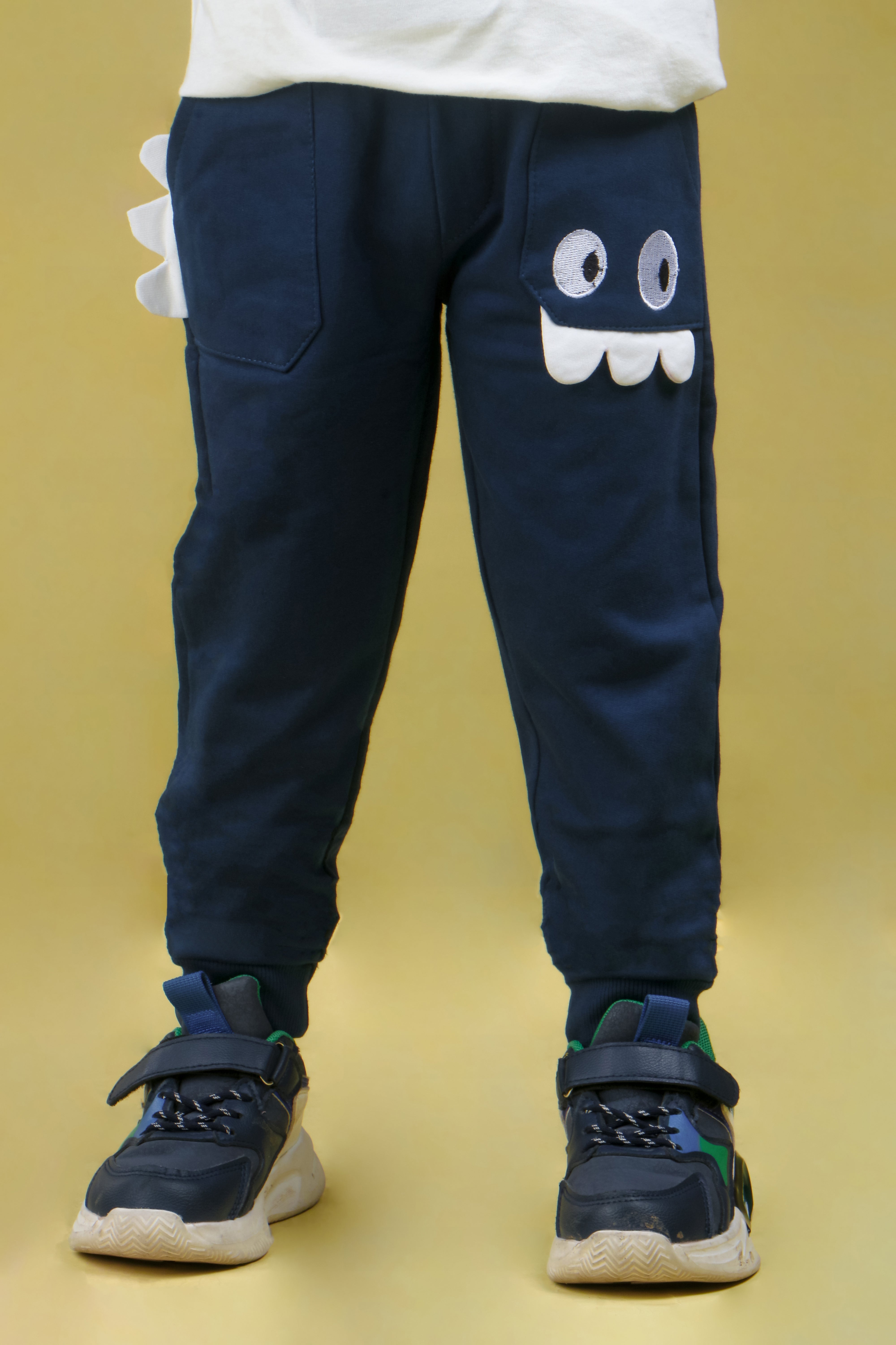 Cotton Loopknit Monster Pocket Joggers With Rib And Drawstring - Blue