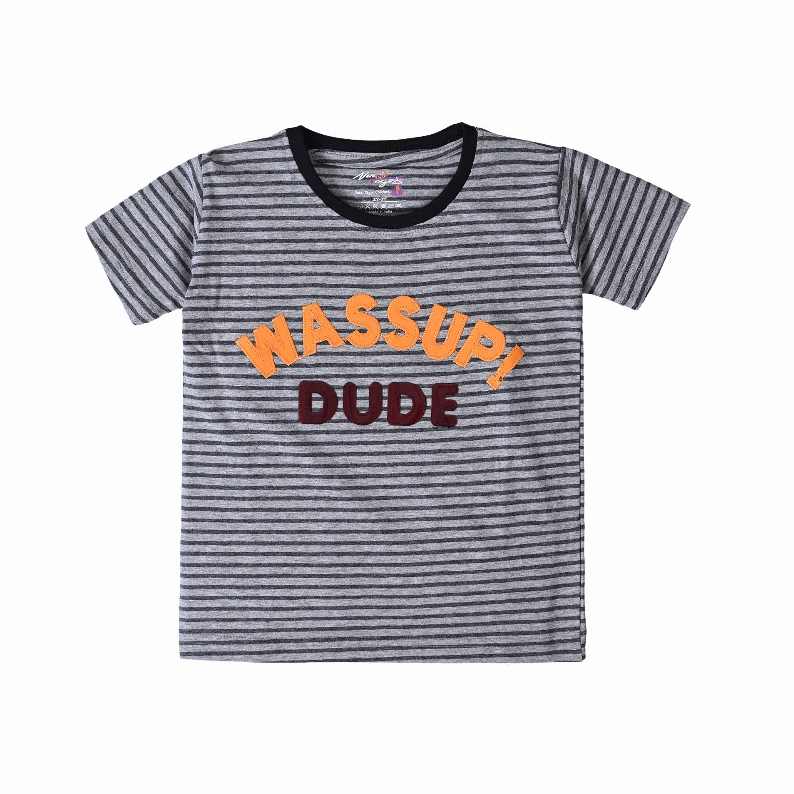 Cotton Striped Wassup Embroidered Half Sleeves Tee