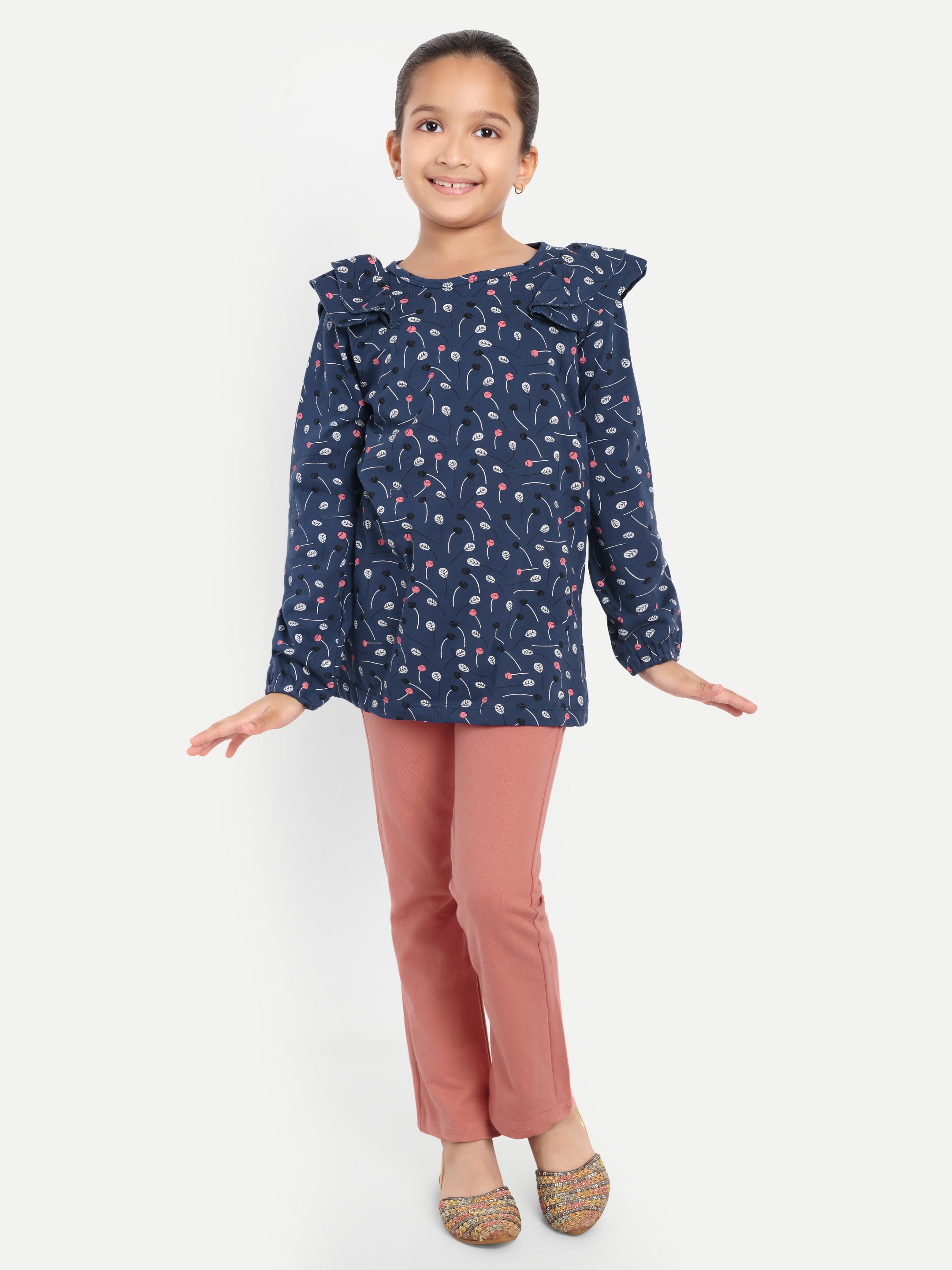 Cotton Knit Full Sleeves Floral Printed Frill Top and Lounge Pant