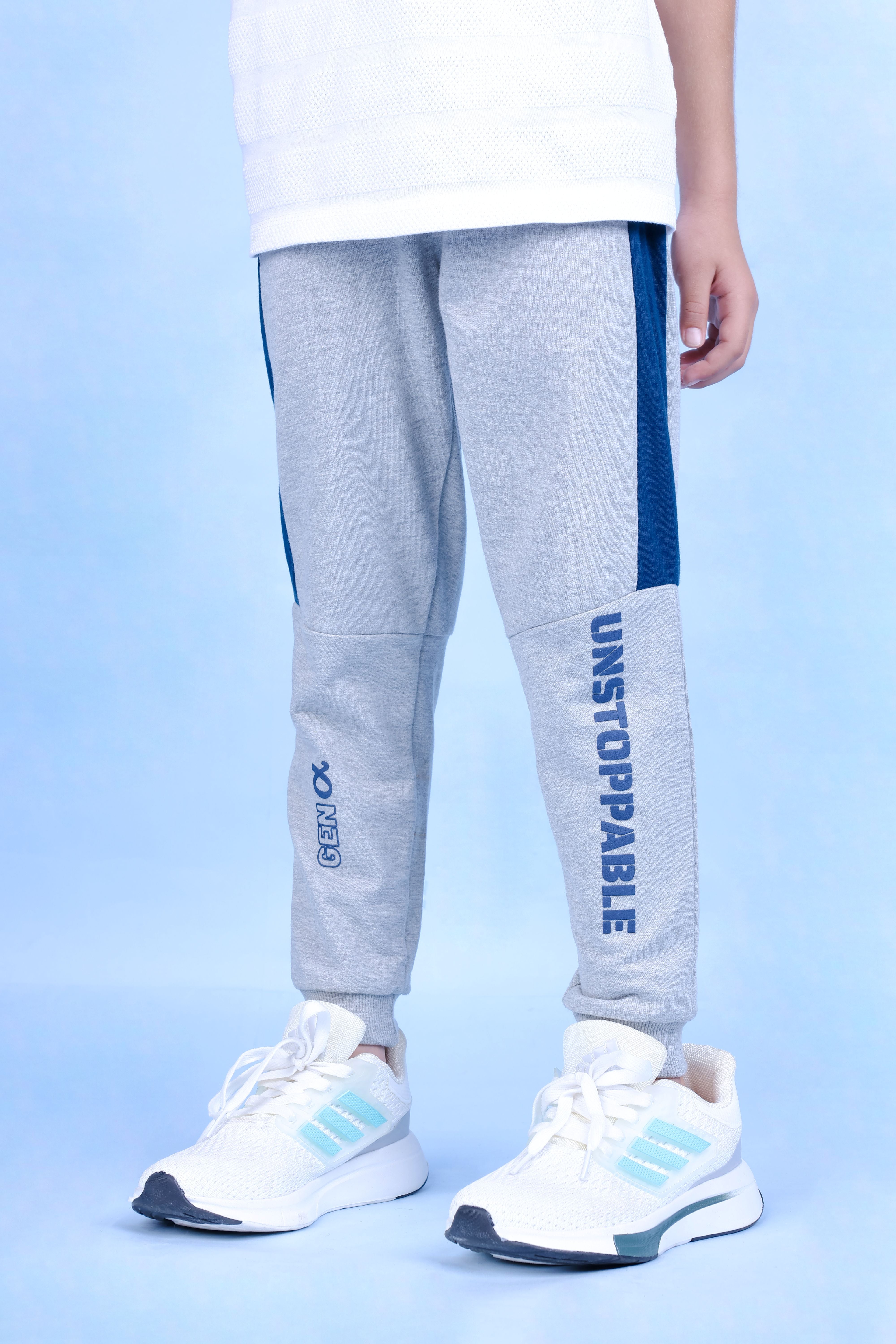 Cotton Loopknit Full Length Side Pattern Unstoppable Printed Joggers - Grey