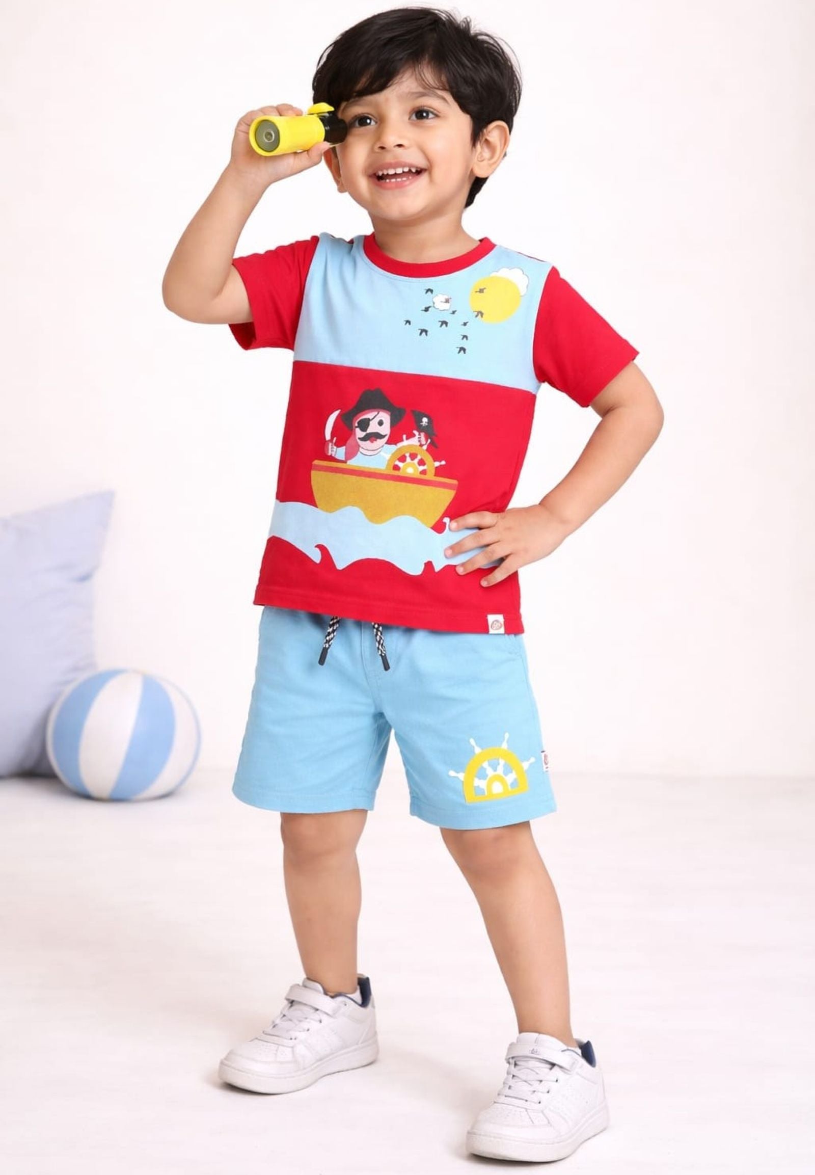  Cotton Lycra Knit Half Sleeves Printed Tee & Shorts Set - Red & Sky Blue