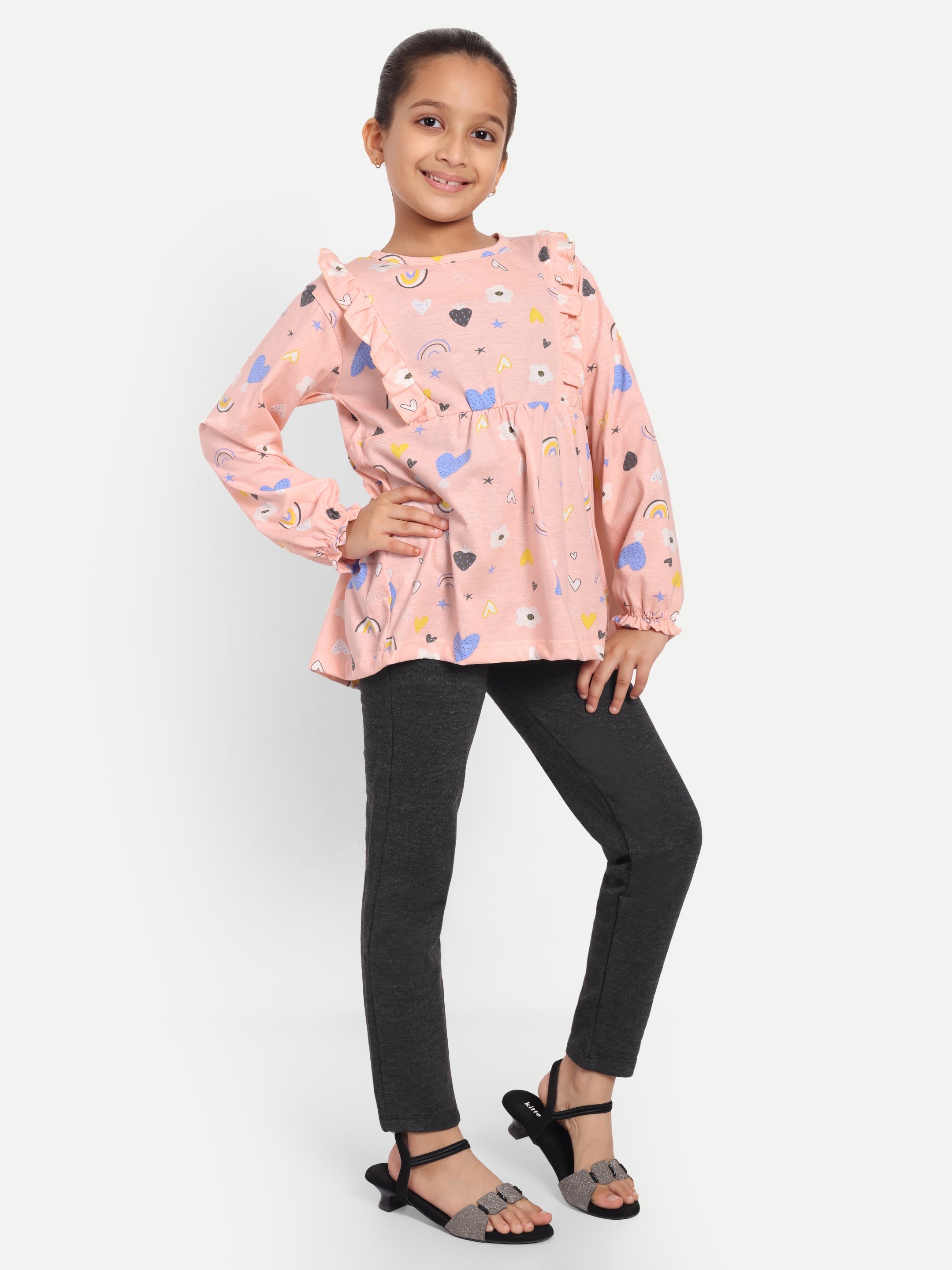 Cotton Knit Full Sleeves Rainbow Printed Peplum Top and Lounge Pant