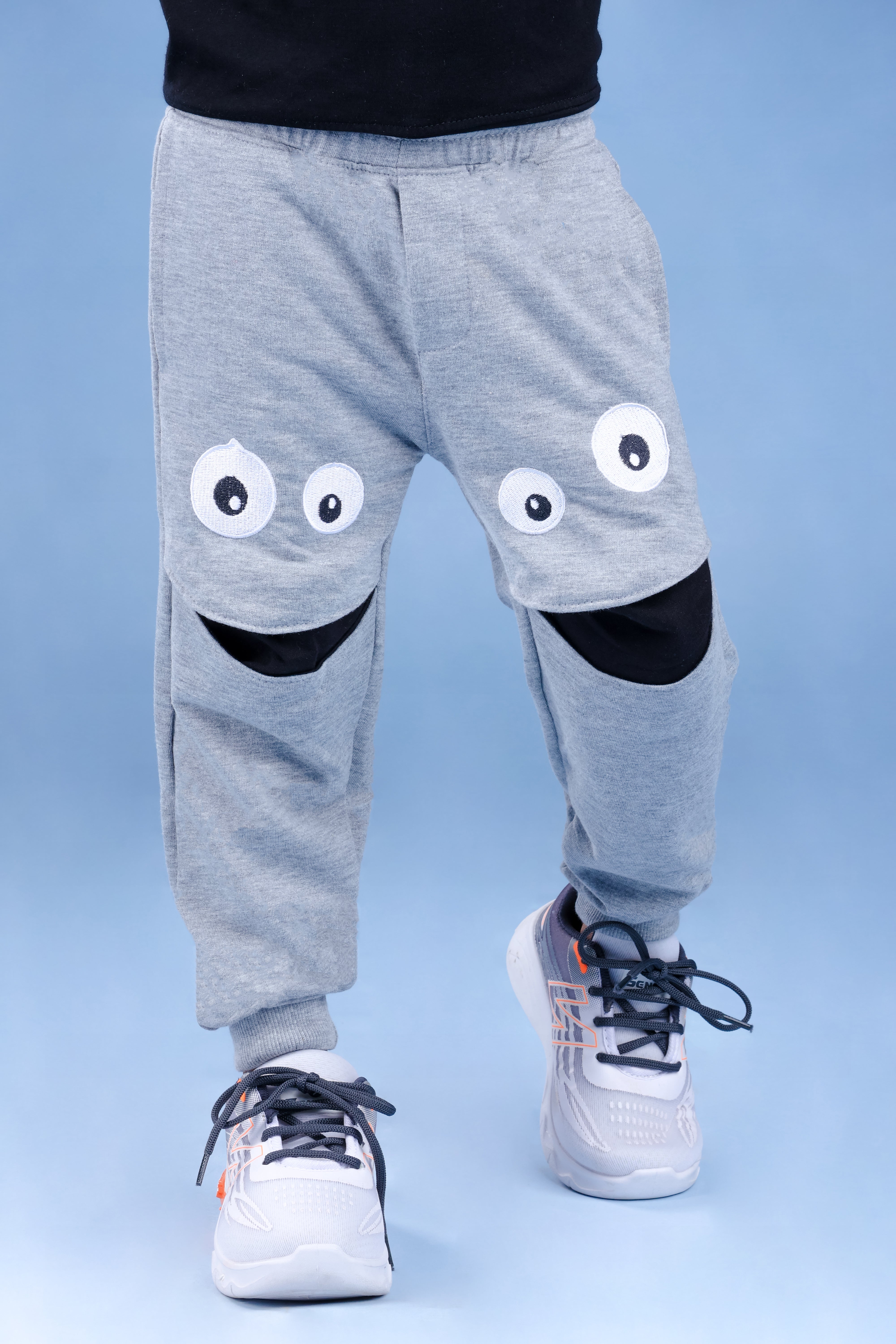 Cotton Loopknit Knee Smiley Joggers With Rib And Drawstring - Grey