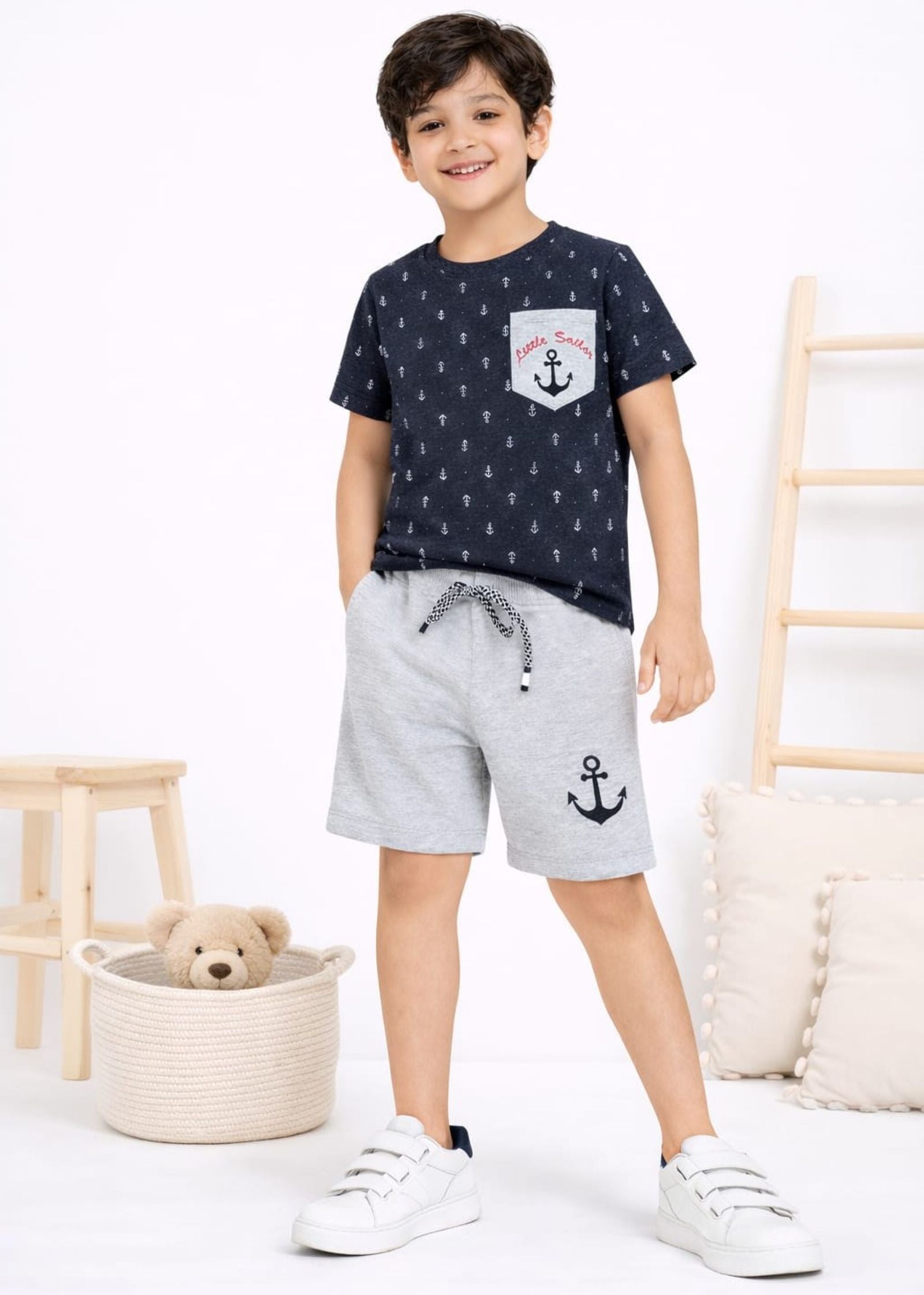 Cotton Lycra Knit Half Sleeves Printed Tee & Shorts Set - Charcoal & Grey