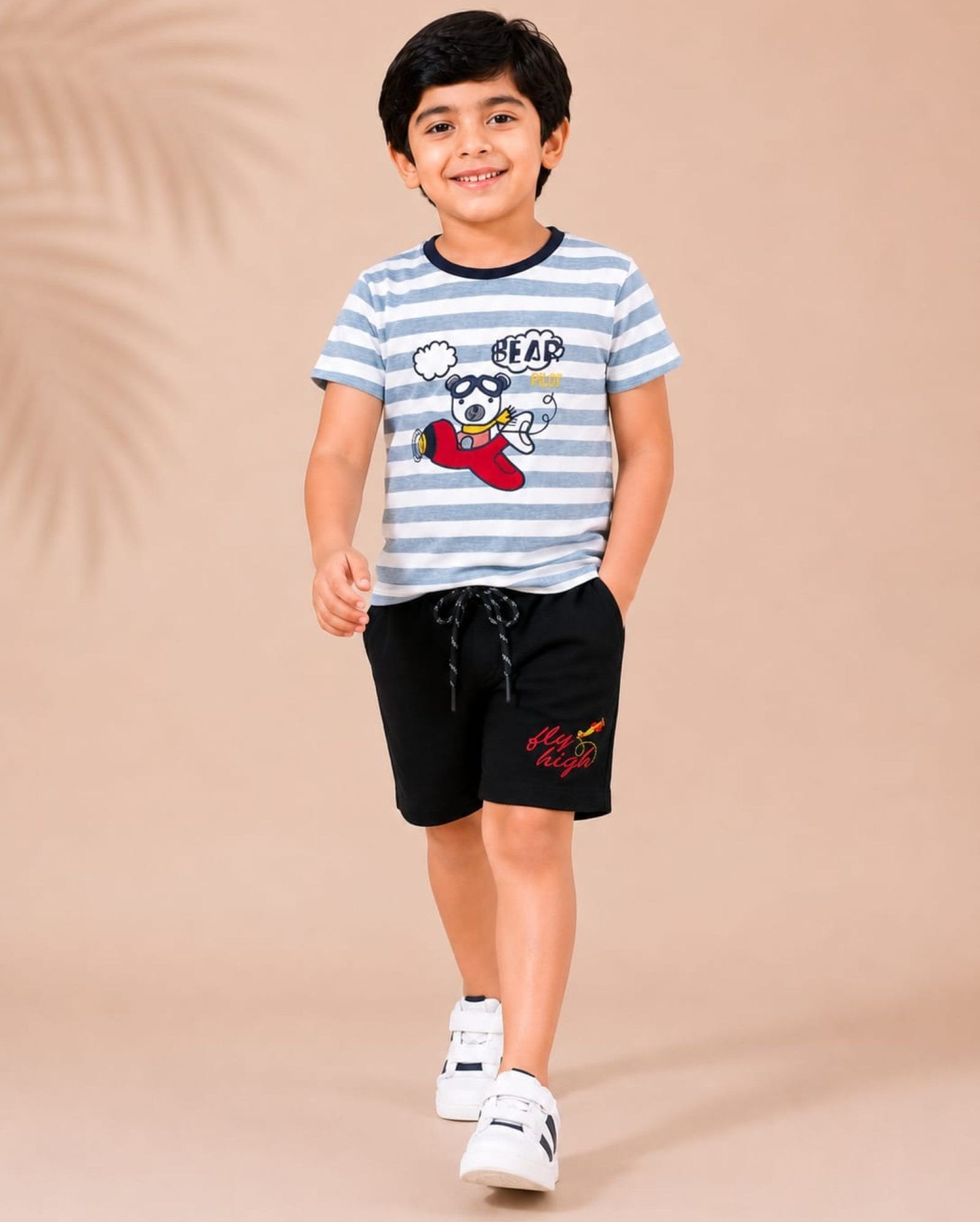 Cotton Knit Half Sleeves Embroidered Tee and Shorts Set - Offwhite & Black