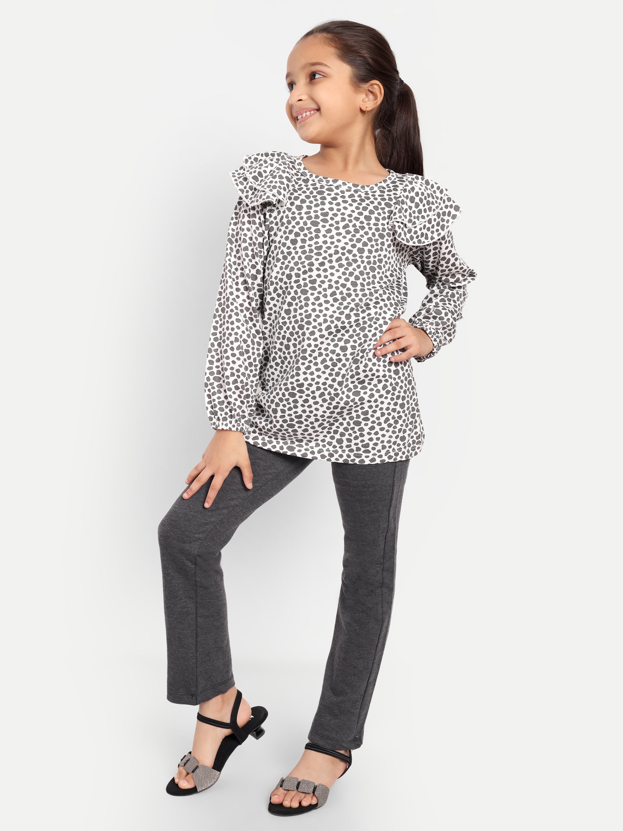 Cotton Knit Full Sleeves Polka Printed Top with Frills and Lounge Pant