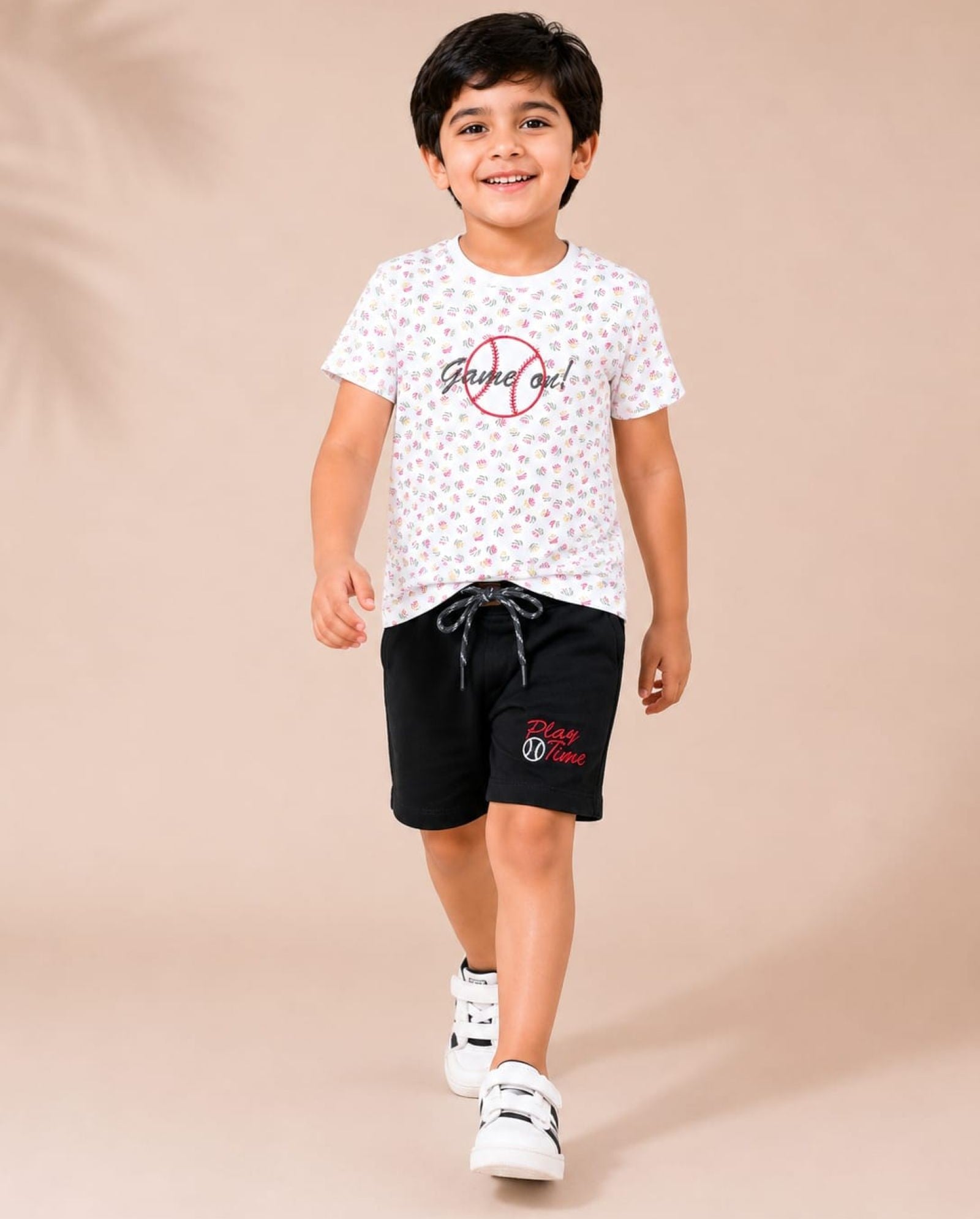 Cotton Knit Lycra Half Sleeves Embroidered Tee and Shorts Set - Multicolor R and Black