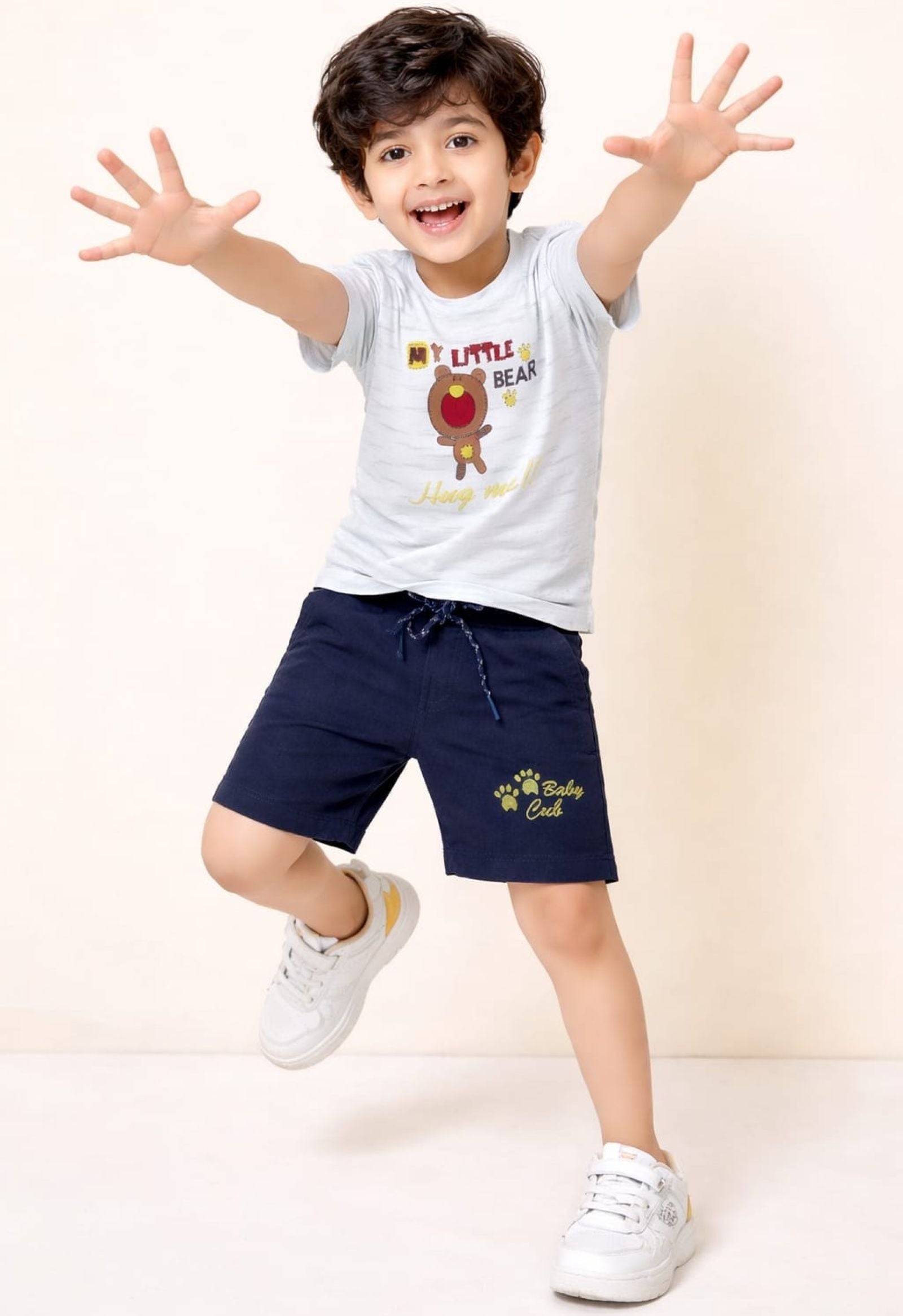 Cotton Lycra Knit Half Sleeves Printed Tee & Shorts Set - Off White & Black