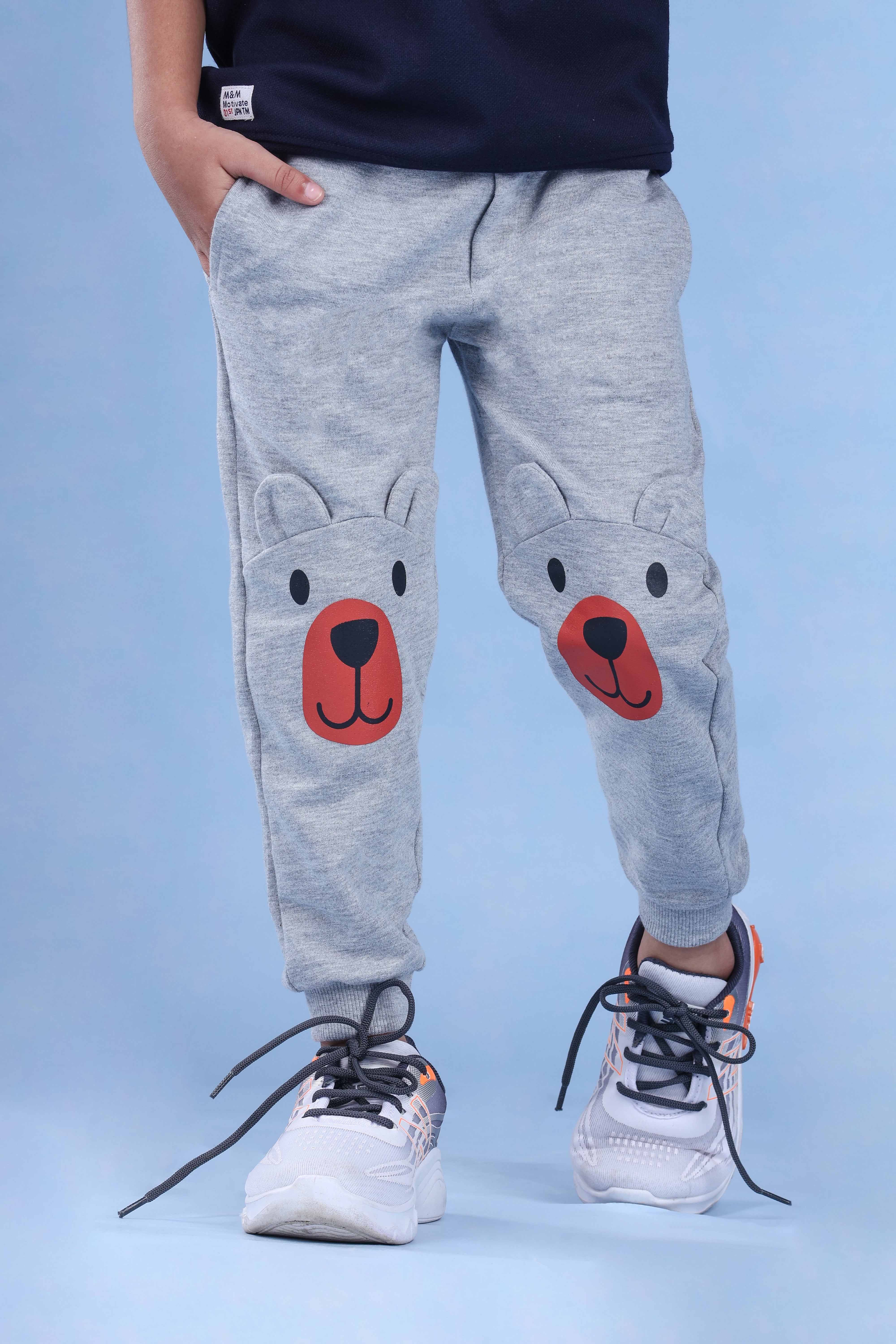 Cotton Loopknit Knee Bear Joggers With Rib And Drawstring - Grey