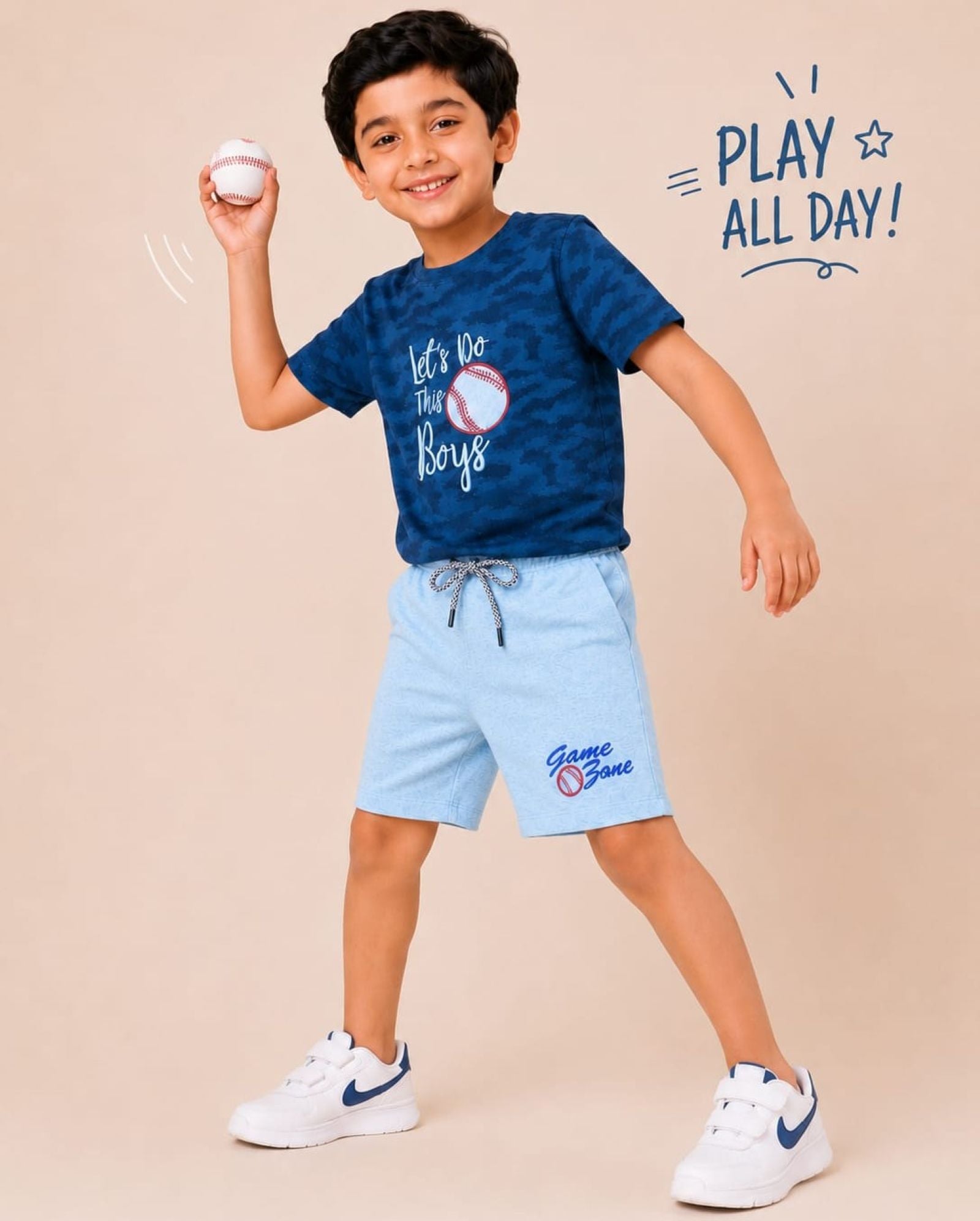 Cotton Knit Lycra Half Sleeves Embroidered Tee and Shorts Set - Navyblue and Grey
