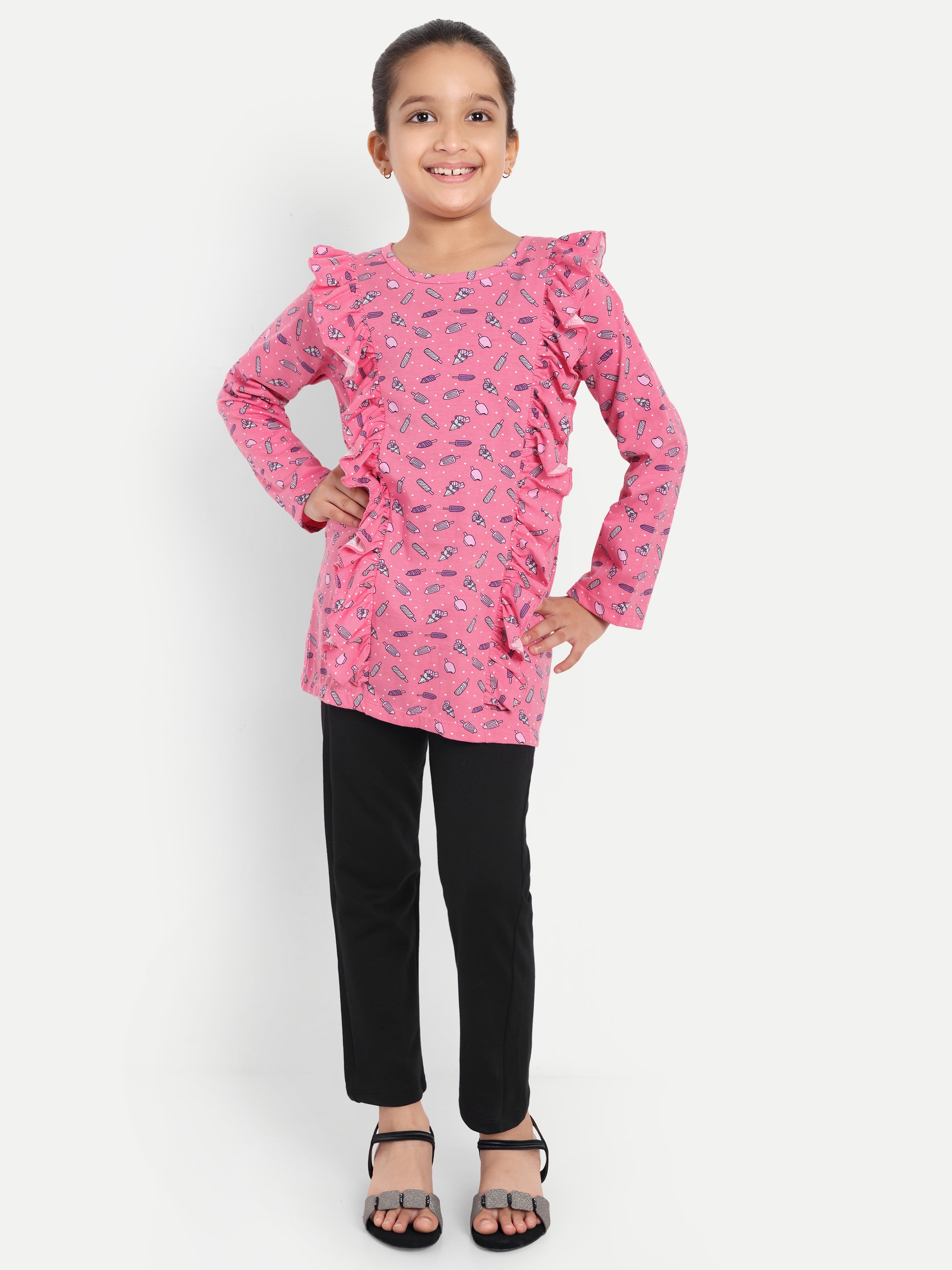 Cotton Knit Full Sleeves Icecream Printed Top with Frills and Lounge Pant