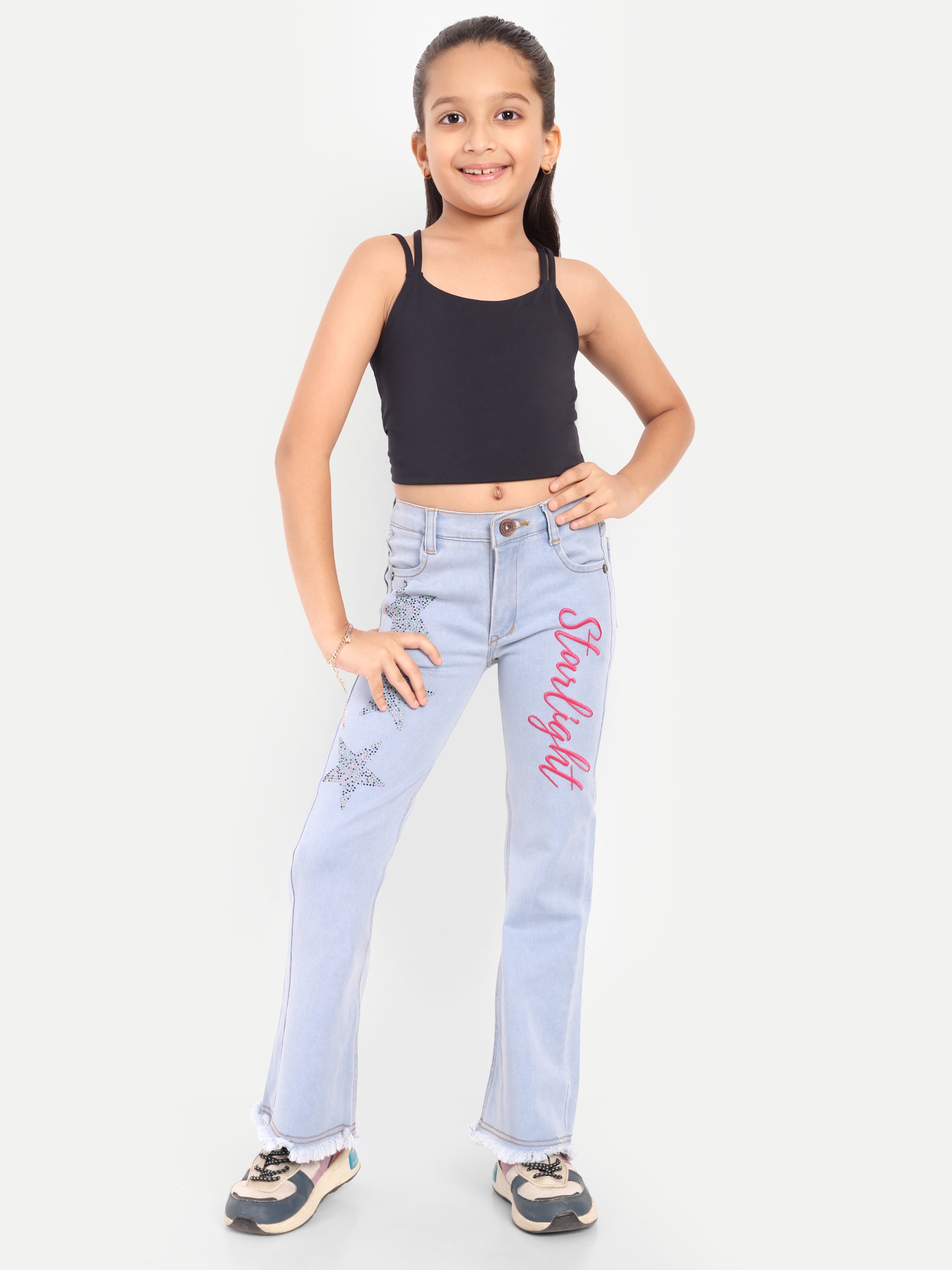 Stretchable Flared Jeans with Rhinestone Stars