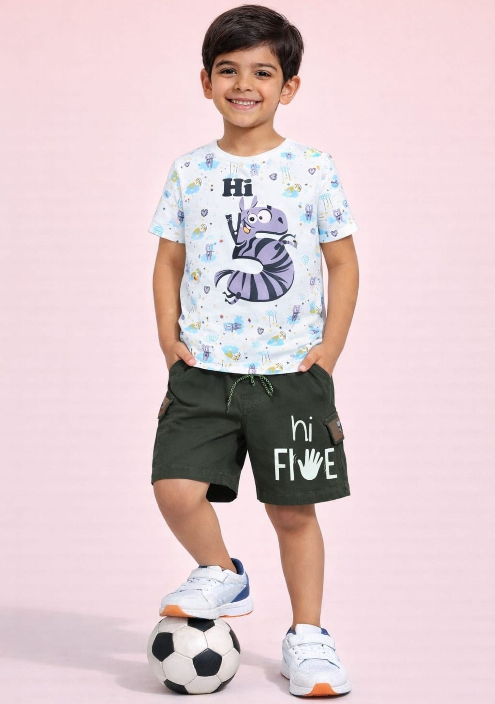 Cotton Lycra Knit Half Sleeves Printed Tee & Woven Cargo Shorts Set - Off White & Green