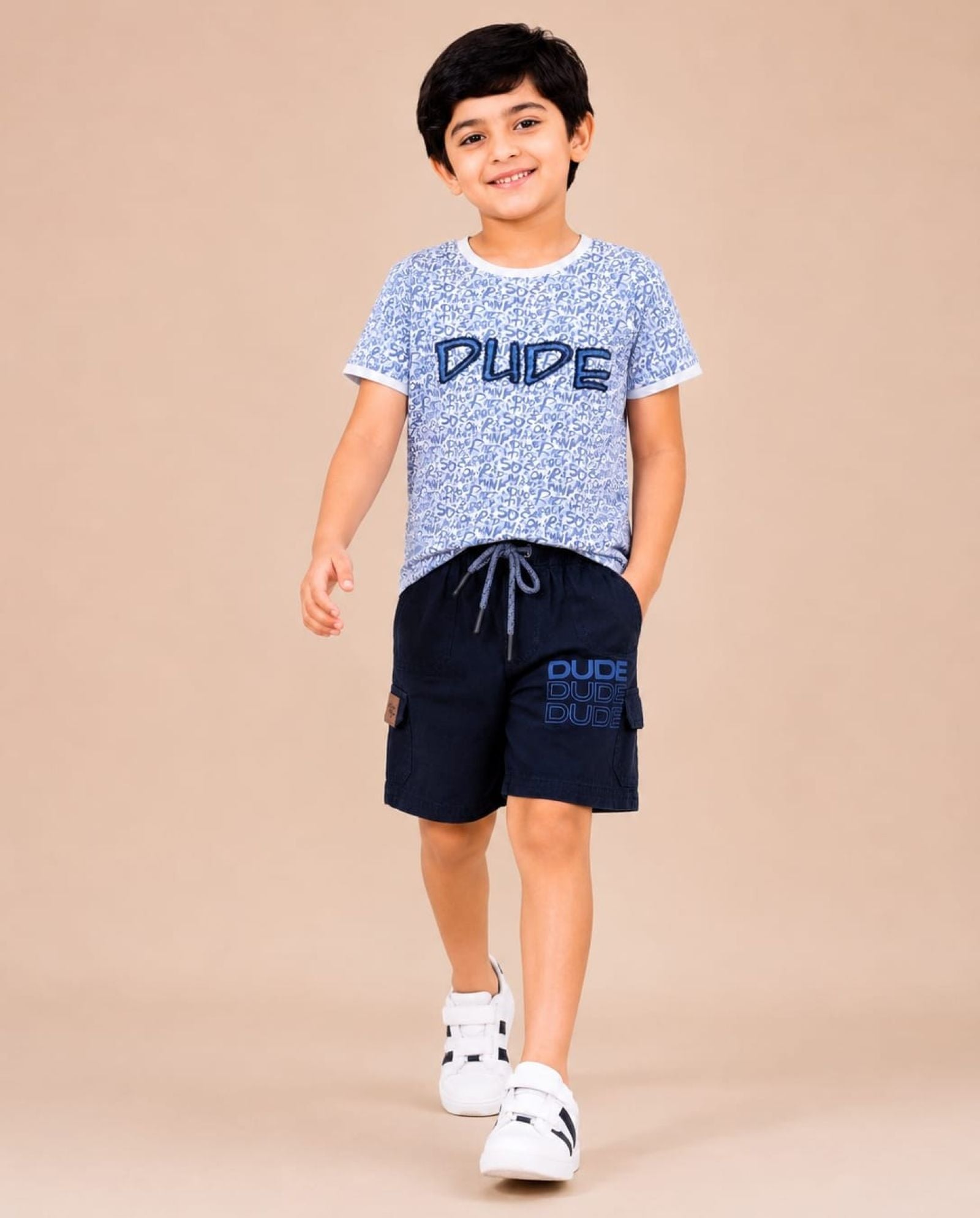 Cotton Knit Lycra Half Sleeves Allover Printed Tee and Woven Cargo Shorts Set - Skyblue & Navy