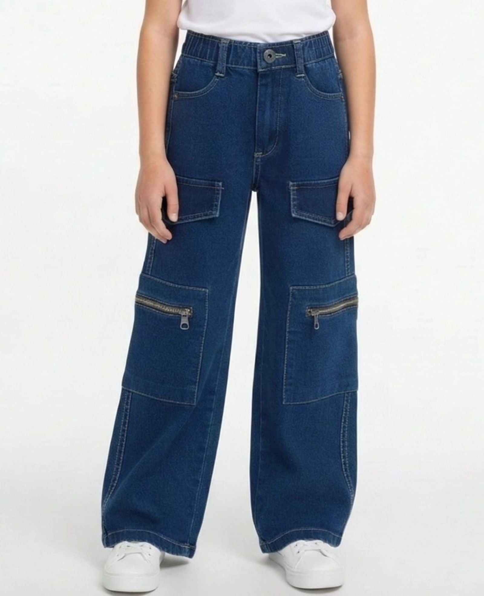 Cotton Denim Relaxed Fit Cargo Style Stretchable Jeans - Blue