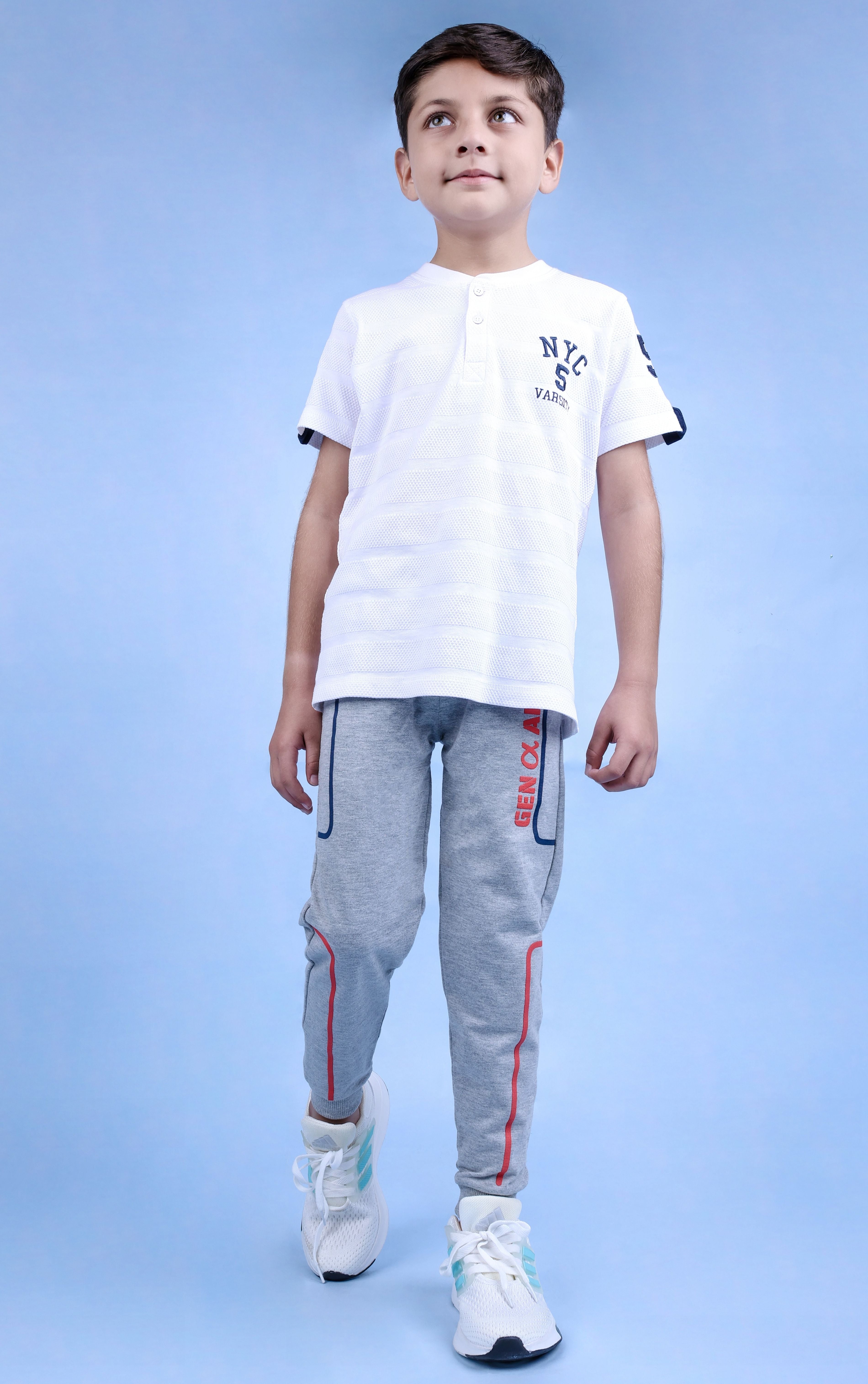 Cotton Loopknit Full Length Puff Lines Gen Alpha Printed Joggers - Grey