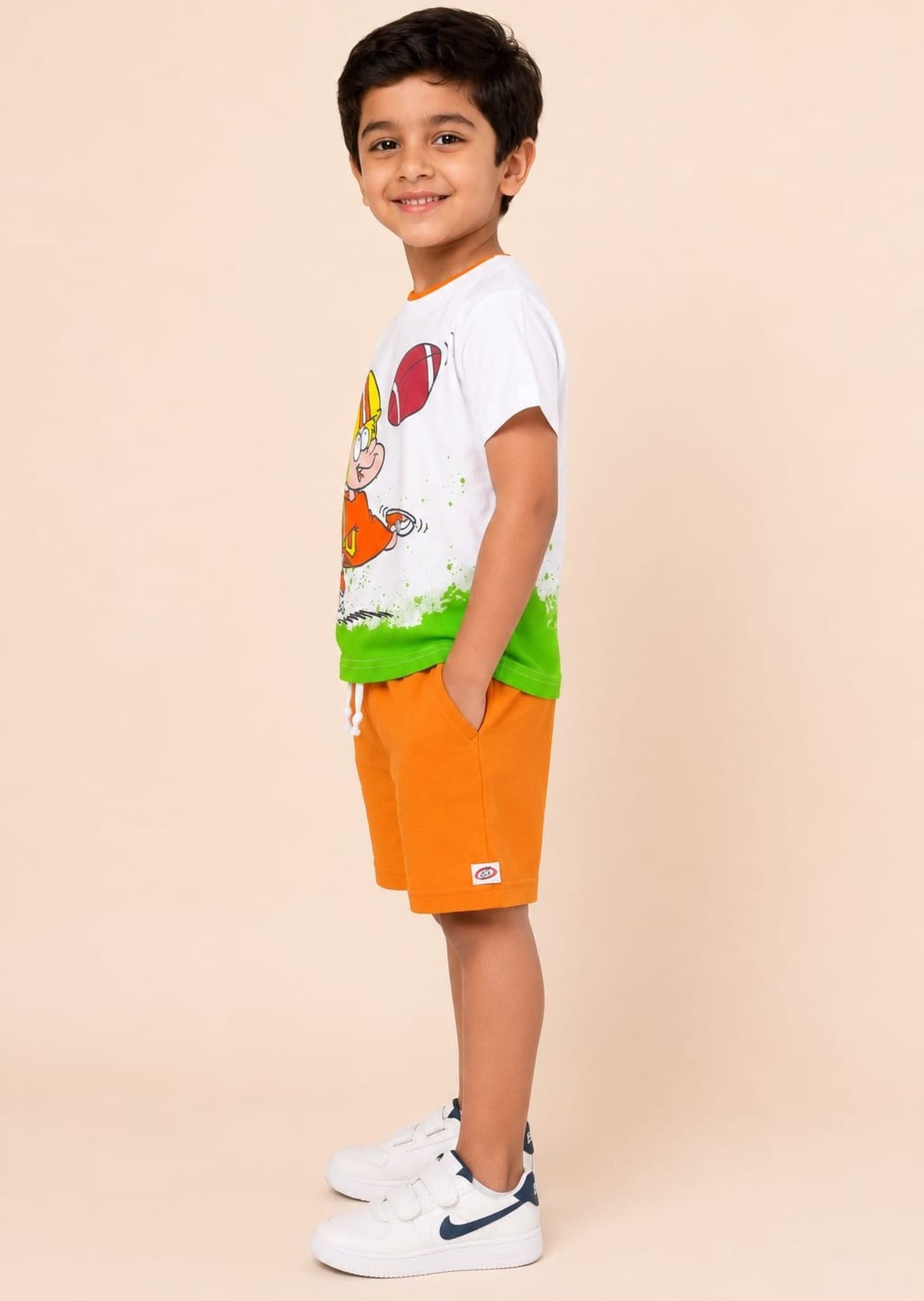 Cotton Knit Lycra Half Sleeves Printed Tee and Shorts Set - Offwhite & Orange
