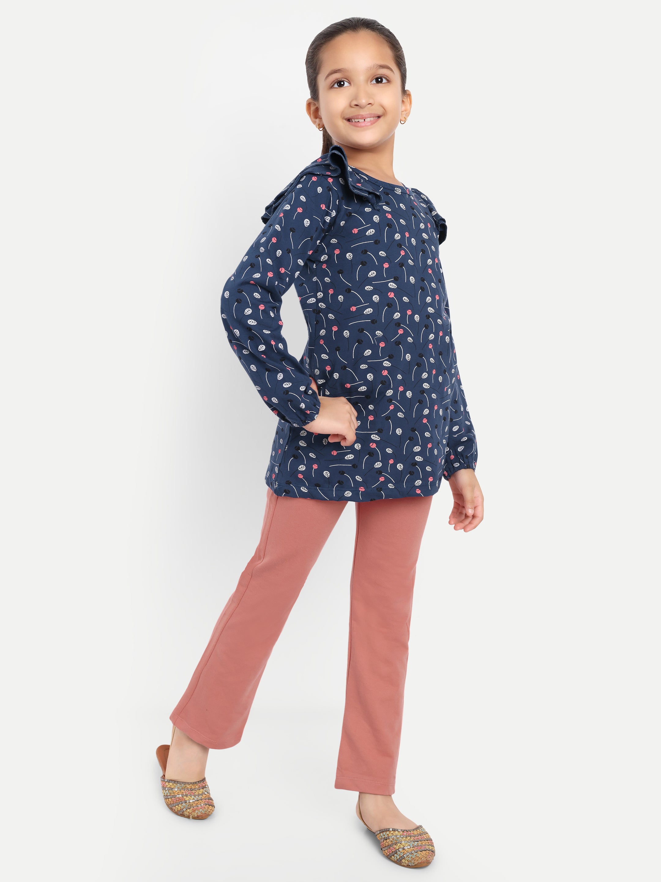 Cotton Knit Full Sleeves Floral Printed Frill Top and Lounge Pant