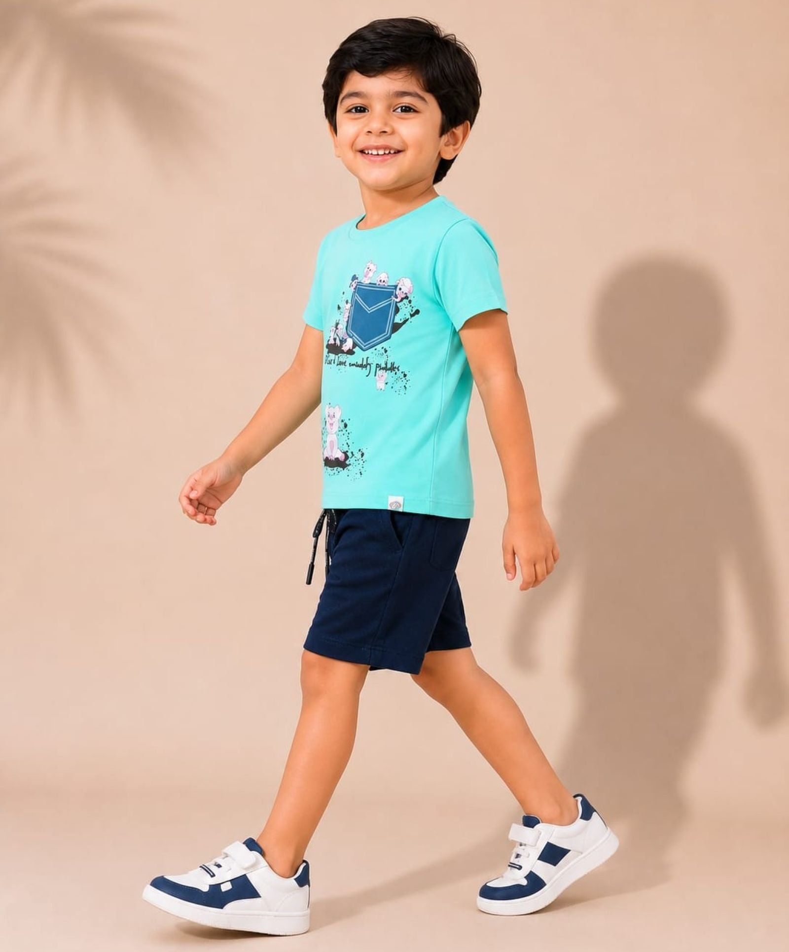 Cotton Knit Lycra Half Sleeves Printed Tee and Shorts Set - Seagreen & Navy